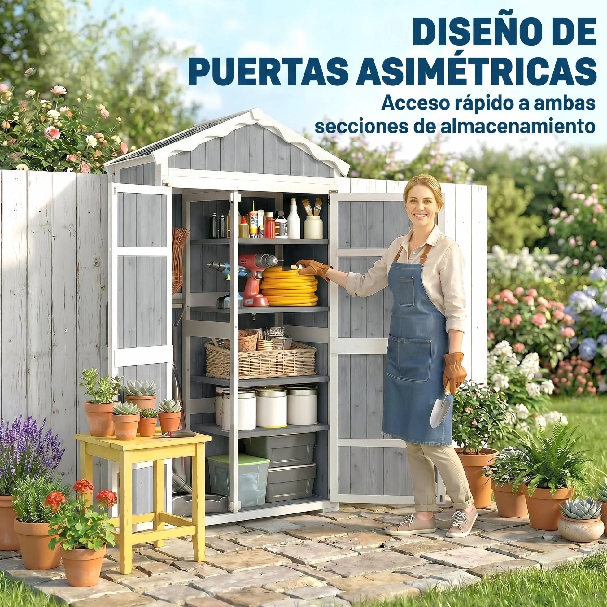 Outsunny Caseta de Jardín de Madera 105x55x179 cm Cobertizo Jardín Exterior Impermeable Armario Exterior Herramientas con Puertas 4 Estantes Extraíbles Techo Metal Galvanizado Pies Ajustables Gris