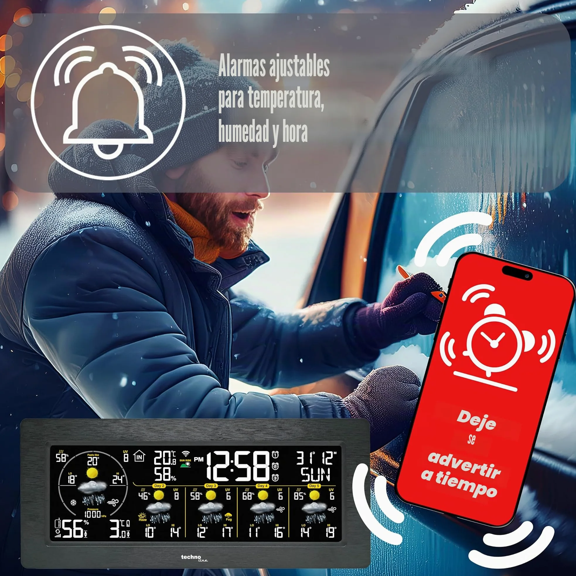 tchnoline Estación meteorológica Smart Life WD3050: predicciones precisas de 5 días, control de aplicaciones, funciones de alarma y más: ¡tu experto meteorológico personal en casa!