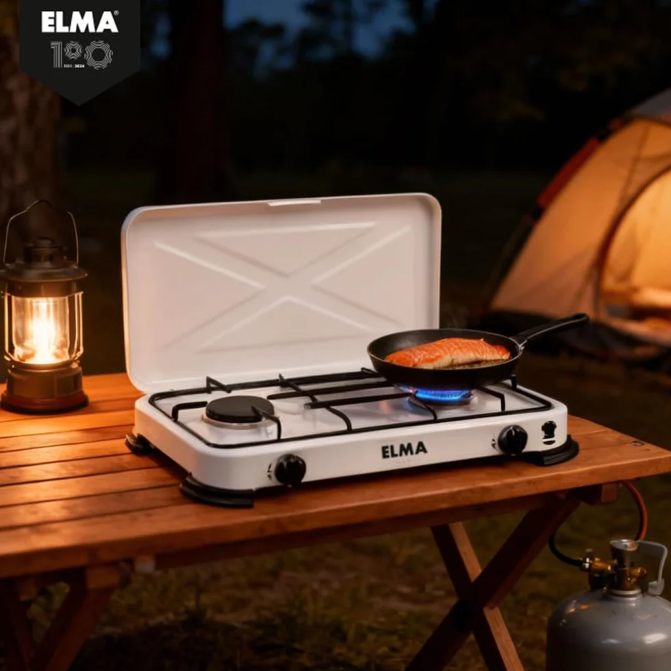 ELMA Cocina a Gas Portátil 2 Fuegos – Compacta y Ligera, Ideal para Camping, Caravanas y Uso en Casa | Compatible con Gas Butano y Propano, Incluye Instrucciones de Montaje | 58 x 28 x 5,5 cm