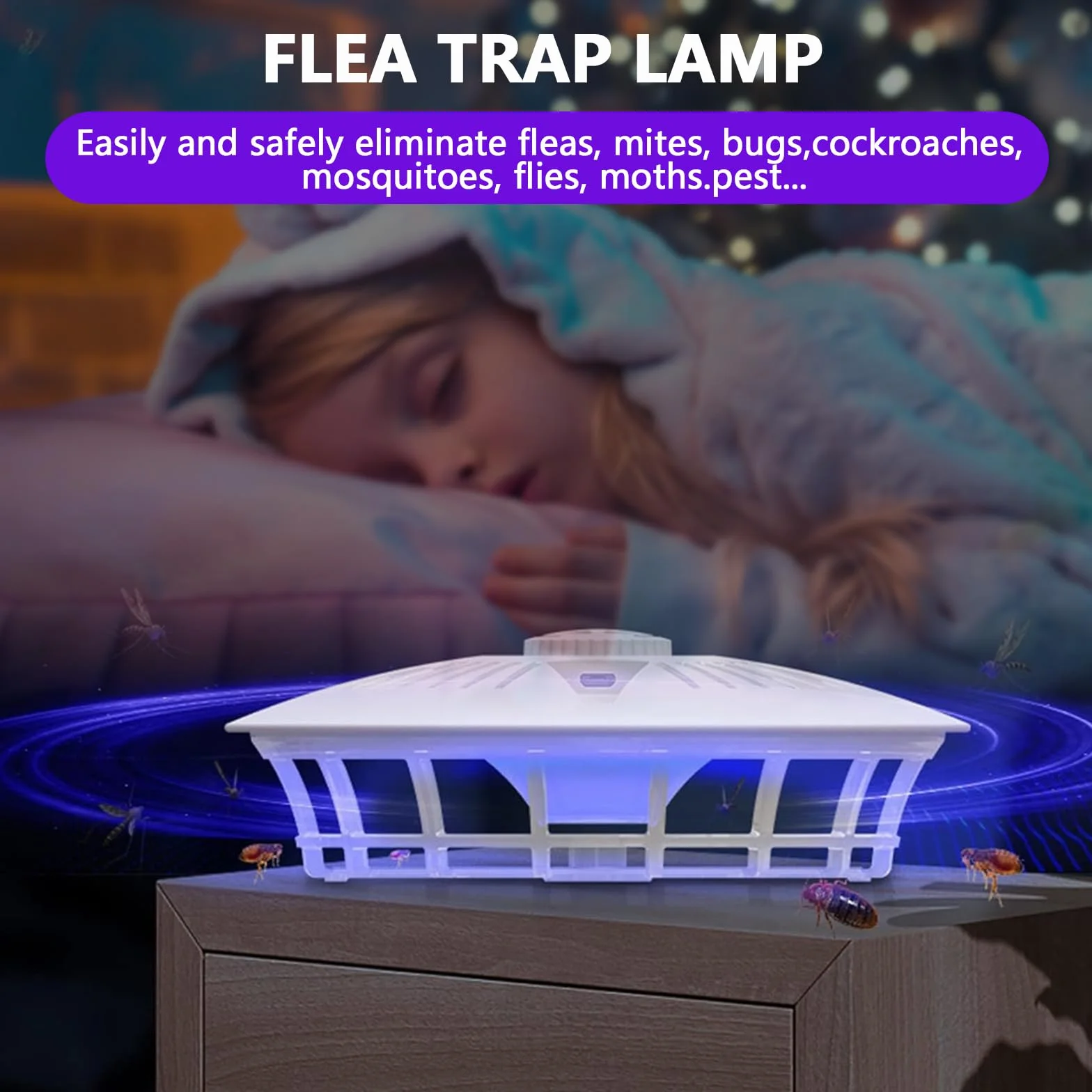 Trampa para Pulgas 1 Paquete, Mata Pulgas Eléctrico con Batería AAA/USB con 4 Modos de Luz, Control de Plagas para Interiores y Exteriores Lámpara Trampa de Pulgas No Tóxica Trampas