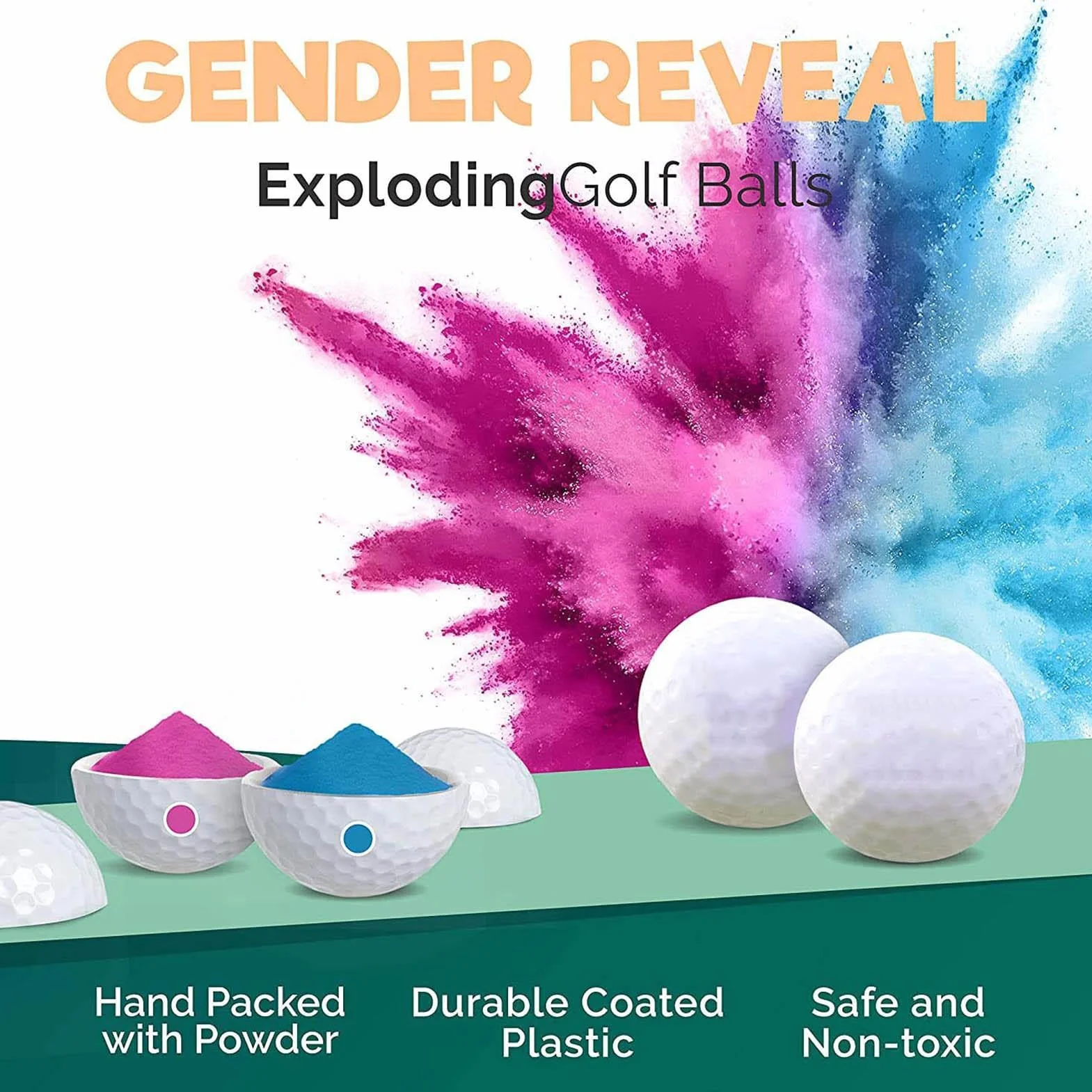 Pelotas de golf revelación de género azul y rosa para baby shower