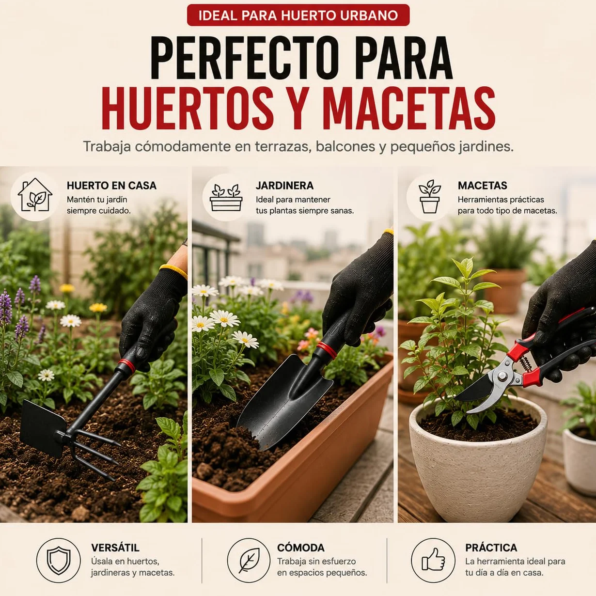 Kit 5 Herramientas de Jardinería de Metal Que Incluye Tijeras de Podar, Pala Trasplantadora, Rastrillo, Azada Doble y Guantes | Kit jardineria para Jardín, Huerto Urbano y Terraza (Rojo/Negro)