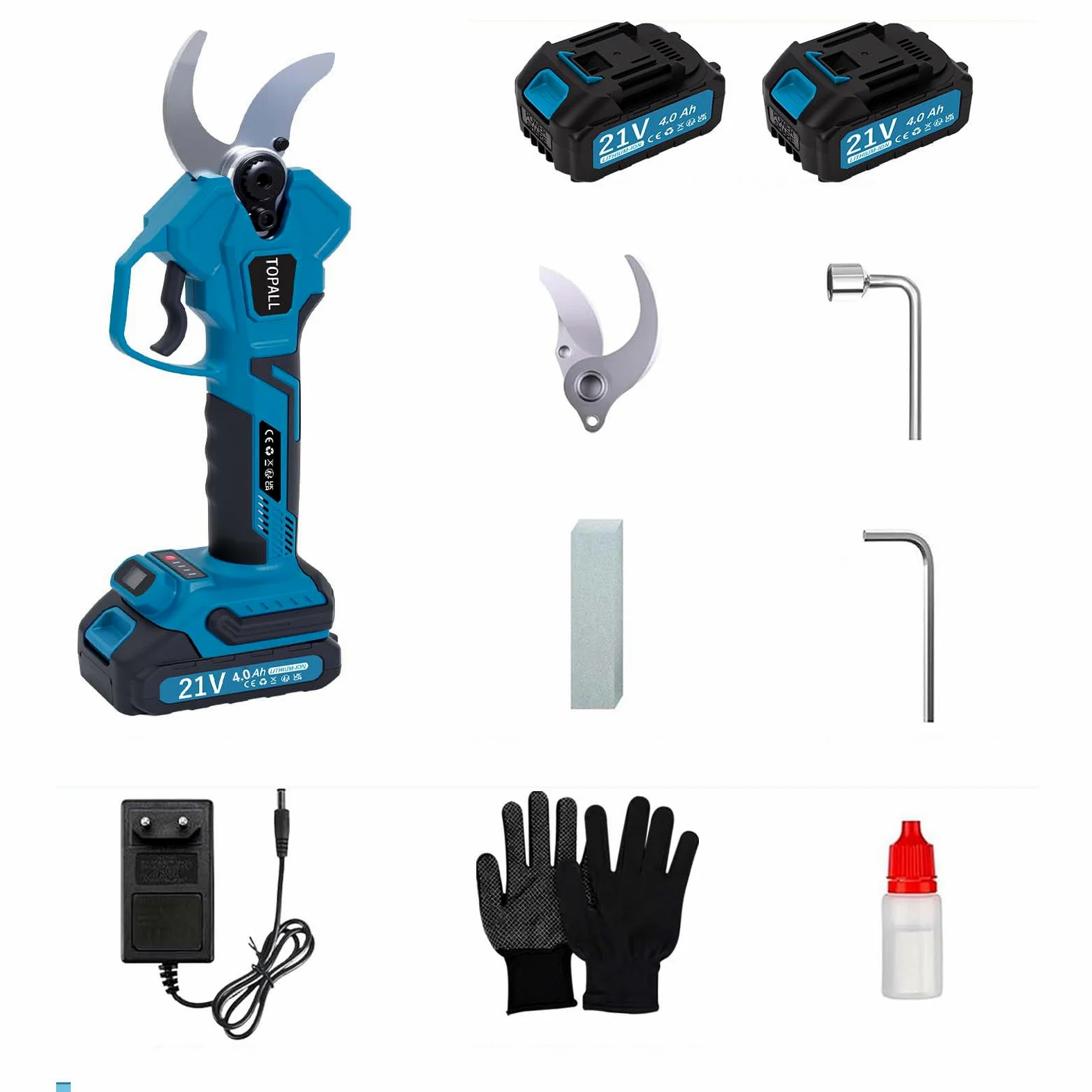 TOPALL Tijeras de Podar Electricas 40mm Bateria 800W Motor Sin Escobillas Pantalla LCD 2x4000mAh
