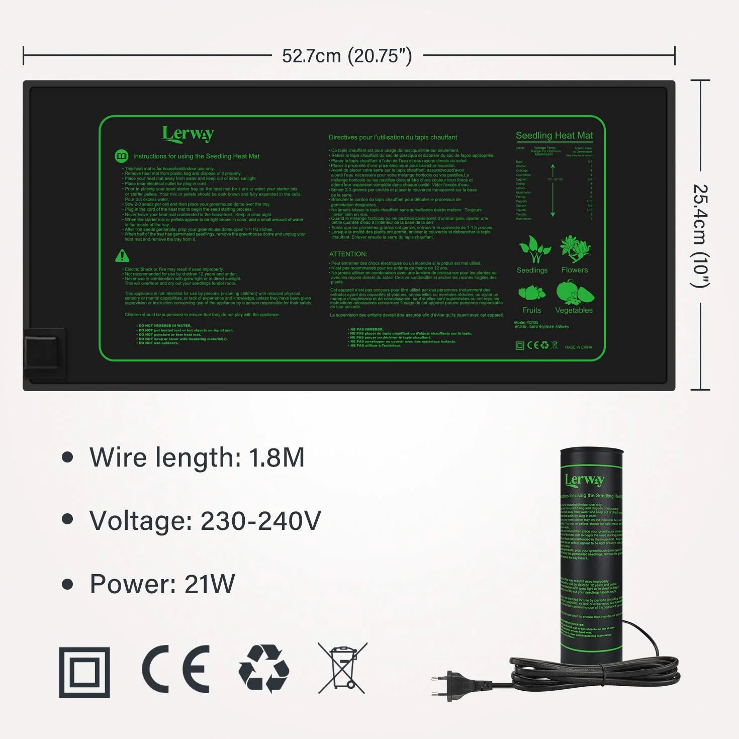 LERWAY Alfombrilla térmica Duradera para plántulas, Manta Calefactora de Germinación Semilla Almohadilla Calentadora Impermeable de Plantas, 52.7 x 25.4cm, 21W (Paquete de 2)