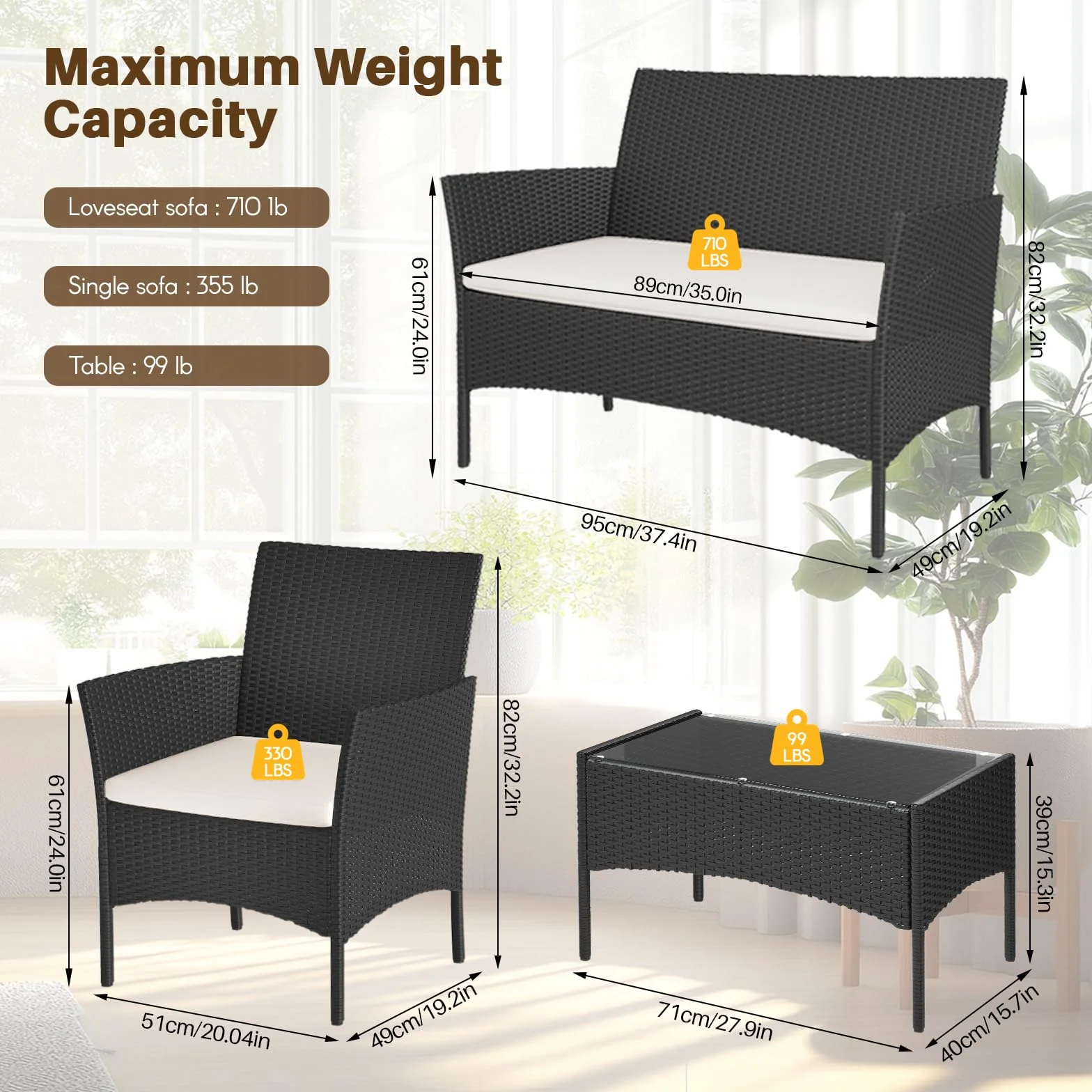bigzzia Juego de muebles de jardín, salón de ratán, 4 asientos con mesa, 2 sillones y sofá de 2 plazas, negro