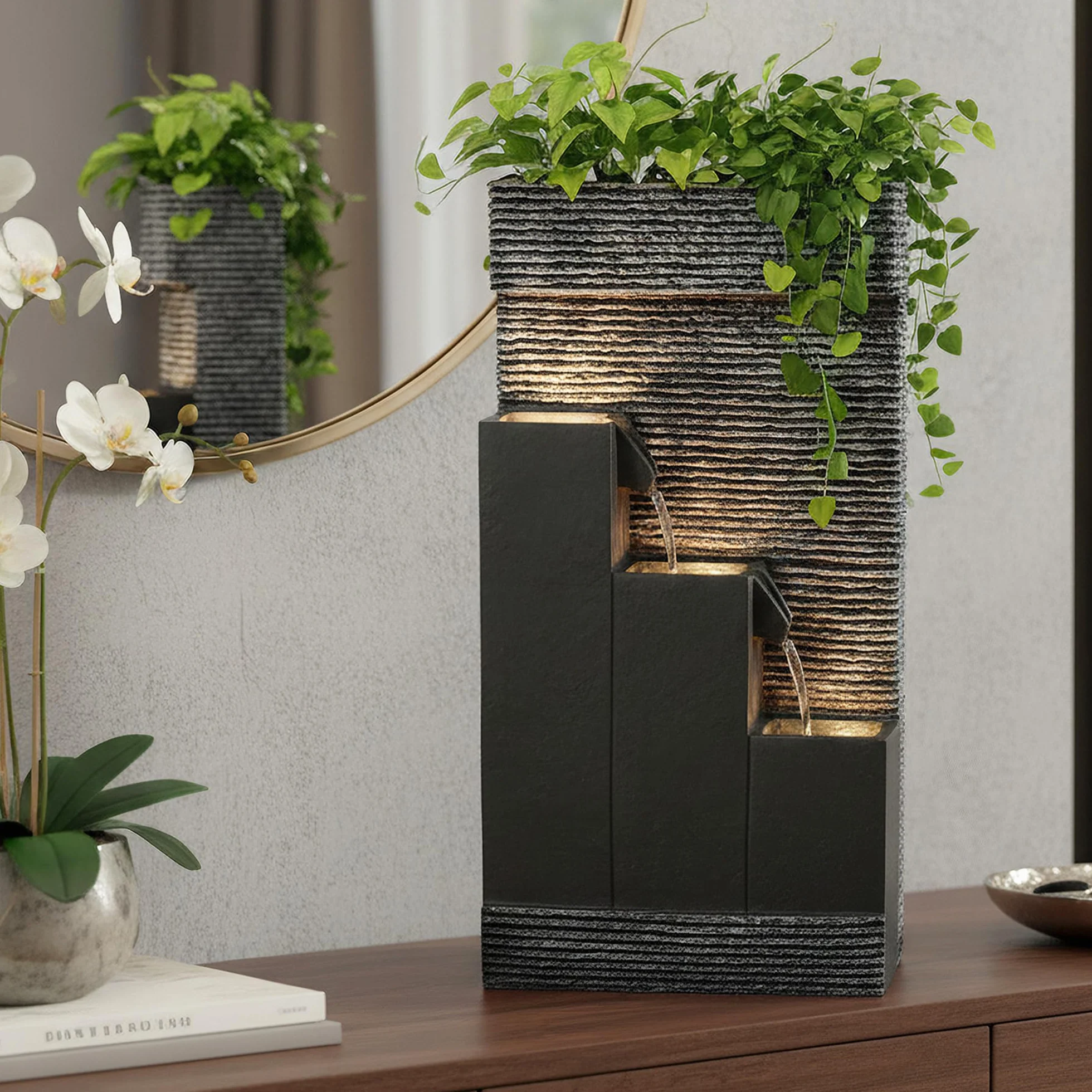Arnusa BK845 Fuente de jardín con iluminación LED, Fuente de jardín con Lavabo Decorativo, Fuente de Interior, Fuente para Uso Interior y Exterior, Decoración de jardín
