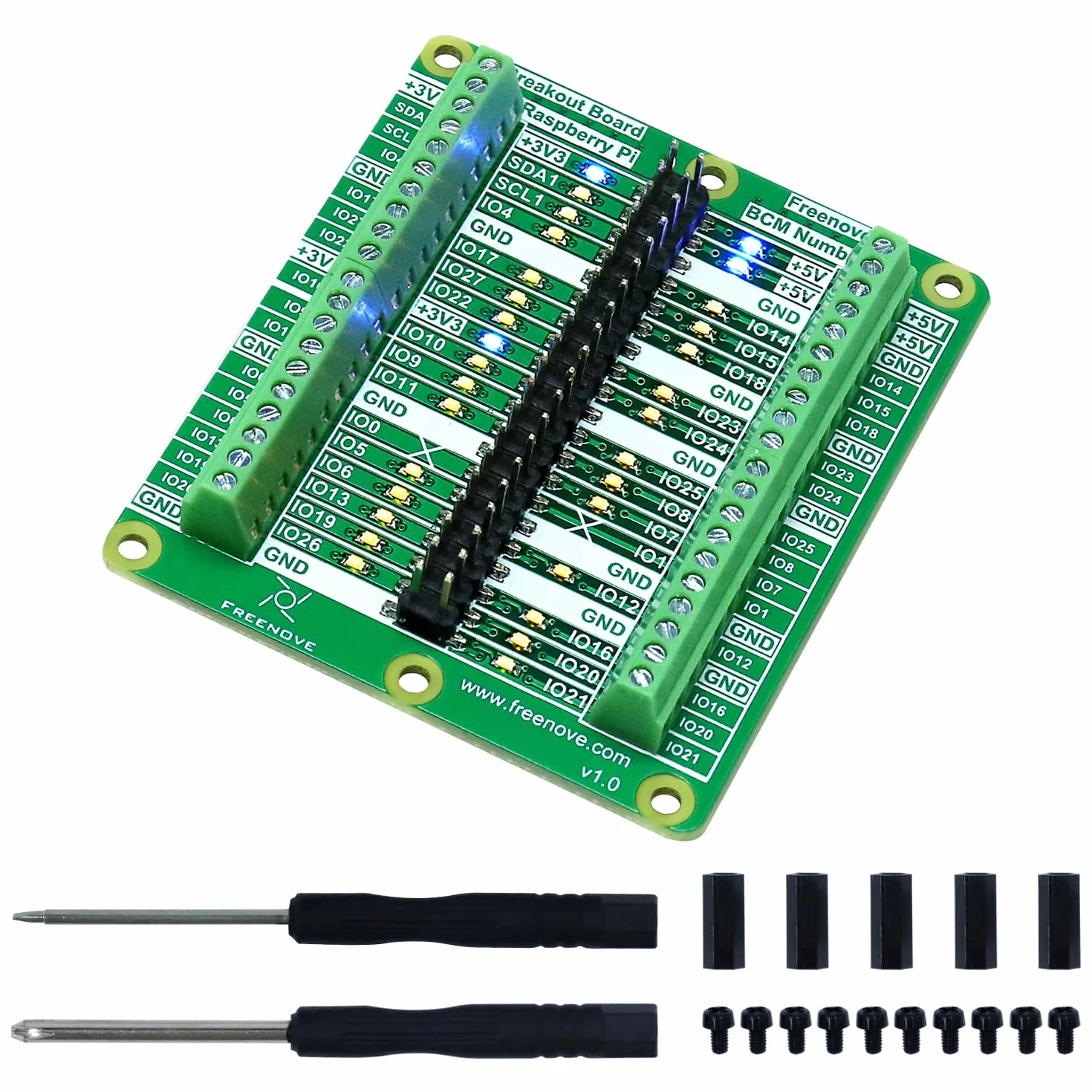 Freenove Breakout Board for Raspberry Pi 5, Terminal Block Shield Hat GPIO Status LED
