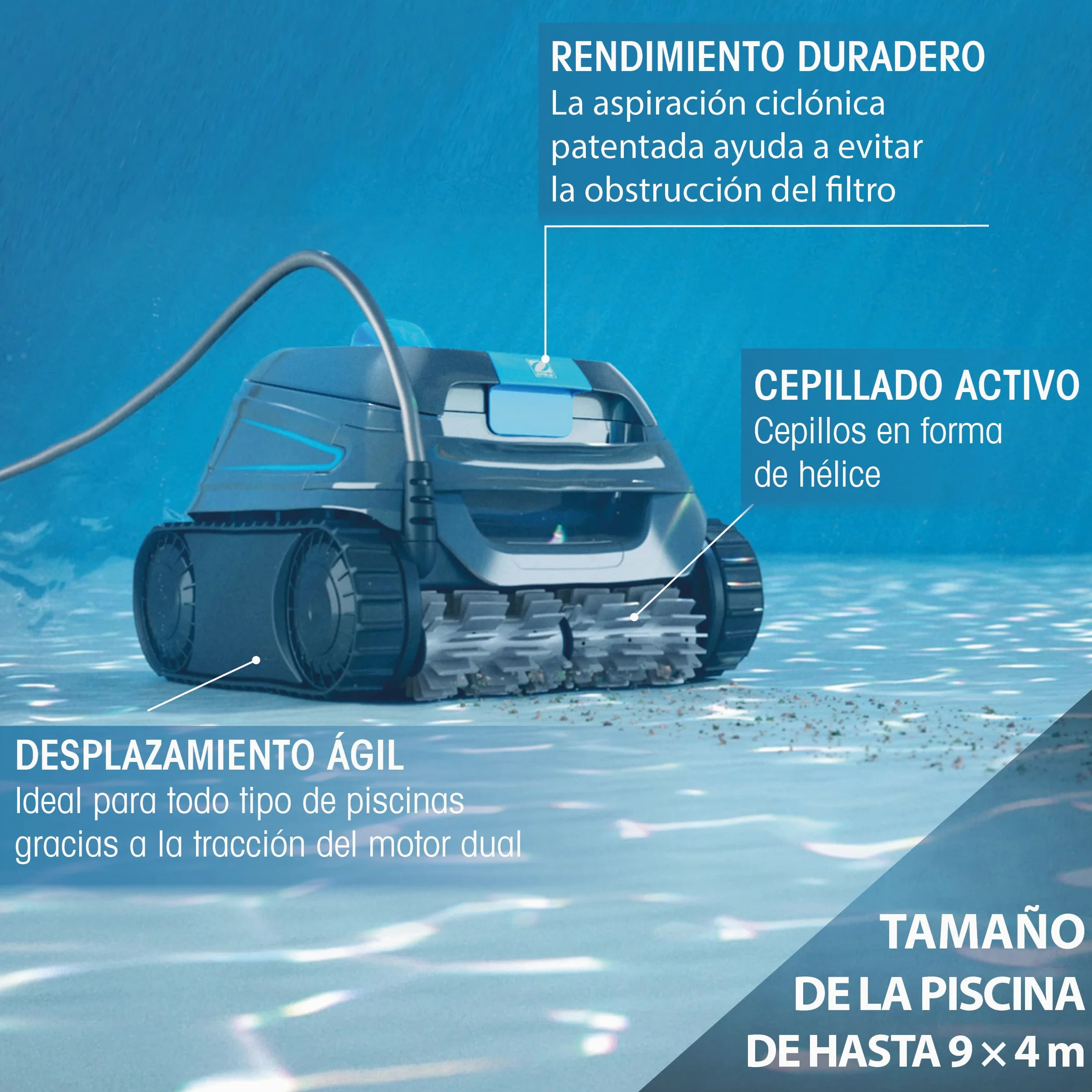 Limpiafondos CNX 10 de Zodiac para Piscinas de hasta 9 x 4 m. Limpia Suelo, Paredes y línea de Agua. Aspiración ciclónica, Agilidad integrada. Incluye Cable de 15 m y filtración Fina