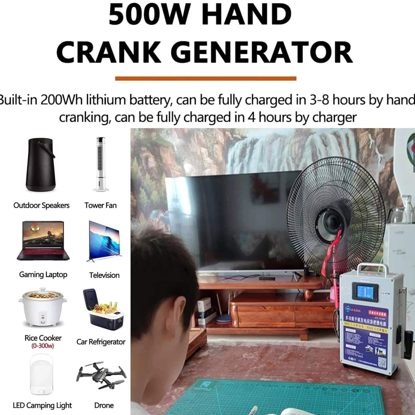 Generador portátil de 500 W con manivela,estación de energía portátil de 220 V CC,cargador con manivela,para emergencias por huracanes,campamentos al aire libre,vehículos recreativos y uso doméstico