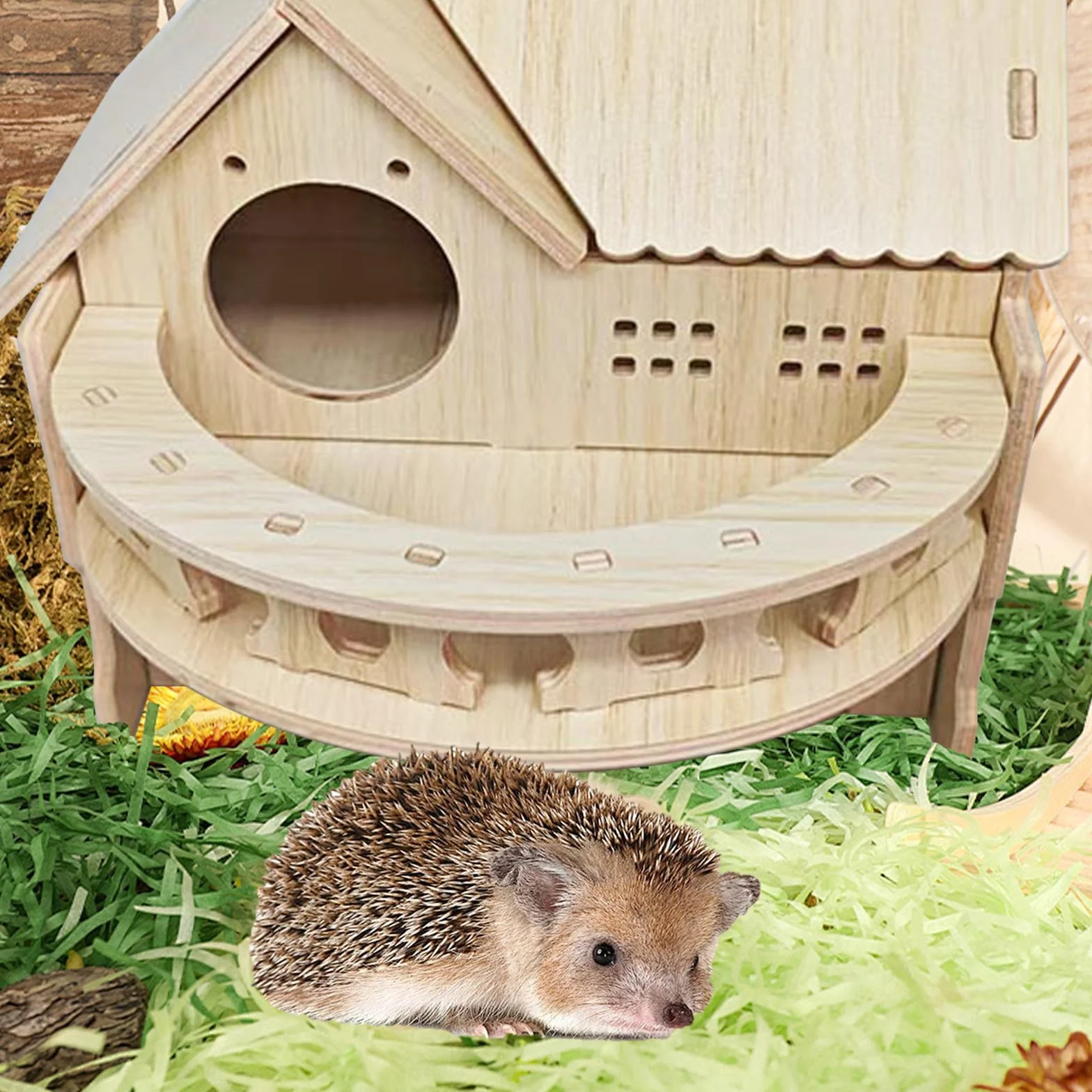 Casa para Erizos, 35 x 27 x 27 cm Casa del Erizo de Madera con Terraza Gran Casa para Erizo Desmontable con Múltiples Entradas y Salidas Redondas para Erizos o Cobayas para Refugio e Hibernación
