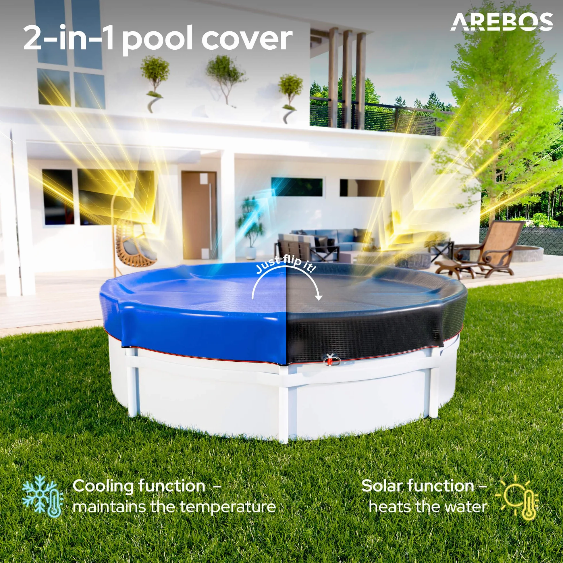 Arebos® Cubierta para Piscina Redonda Ø 610 cm | Lona Solar 2 en 1 de PE 200g/m² | Apta para Piscinas Ø 500-550 cm