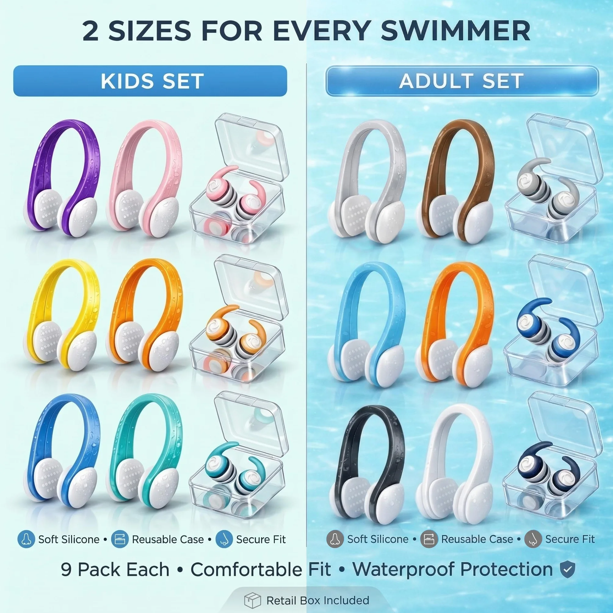 Pinzas para la nariz para nadar con tapones para los oídos, 9 unidades, clip nasal de silicona, tapones para los oídos flotantes, para niños y adultos, pinza nasal impermeable para natación