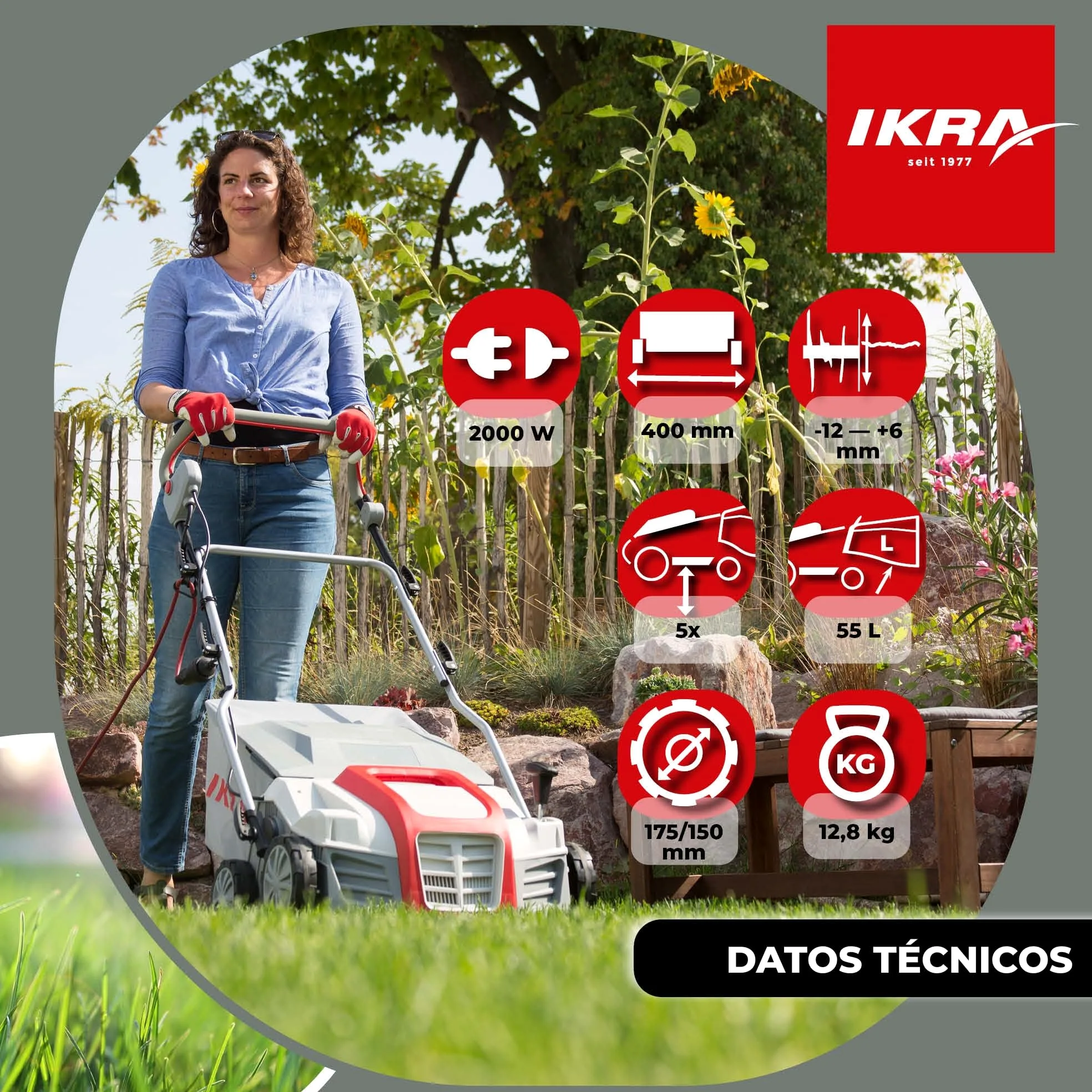 IKRA escarificador y aireador eléctrico IEVL 2000, saco coletor 55l, largo de trabajo 40cm, 2000W
