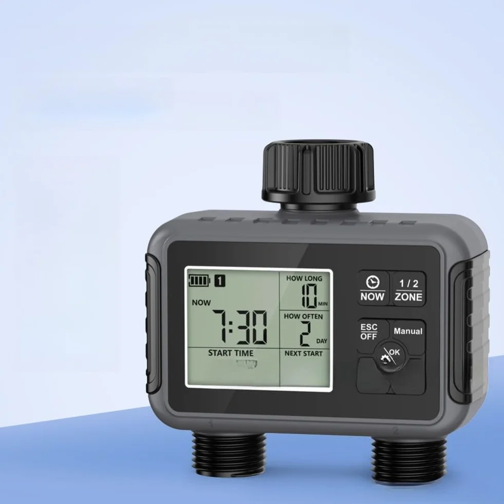 Temporizador de agua programable para grifo de jardín con configuración de entrada y salida de zonas duales independientes y capacidad de anulación manual