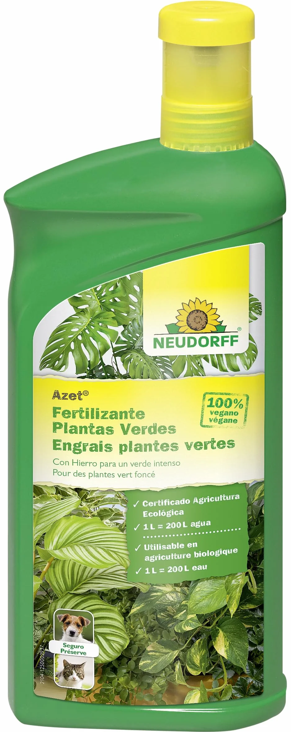 Neudorff Azet Fertilizante Plantas Verdes – Abono líquido 100% vegano para un crecimiento rápido y hojas de color verde intenso de todas las plantas verdes y palmeras, 1 Liter