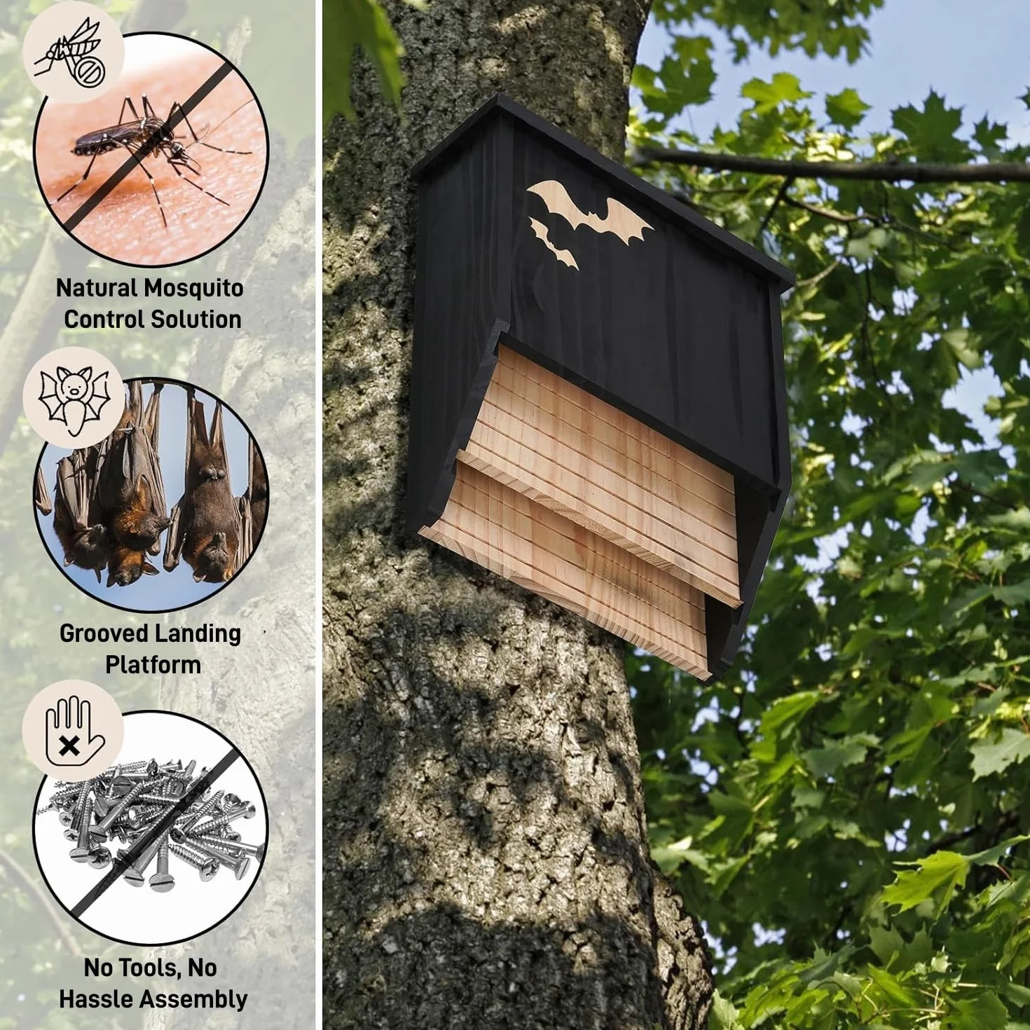 Caja para murciélagos de madera, doble cámara, resistente a la intemperie, casa de murciélagos y nido, listo para montar, caja de refugio para murciélagos en verano e hibernación, color negro