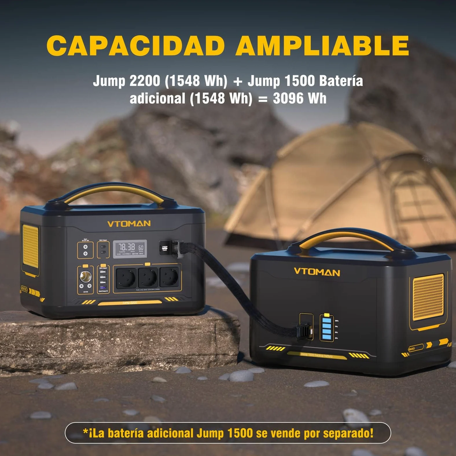 VTOMAN Jump 2200 Estación de Energía Portátil con Bolsa de Almacenamiento | 1548Wh Generador Solar (Pico 4400W), 100W Tipo C, 3 CA de 2200W, LiFePO4 Batería, para Acampadas, Hogar y Caravana