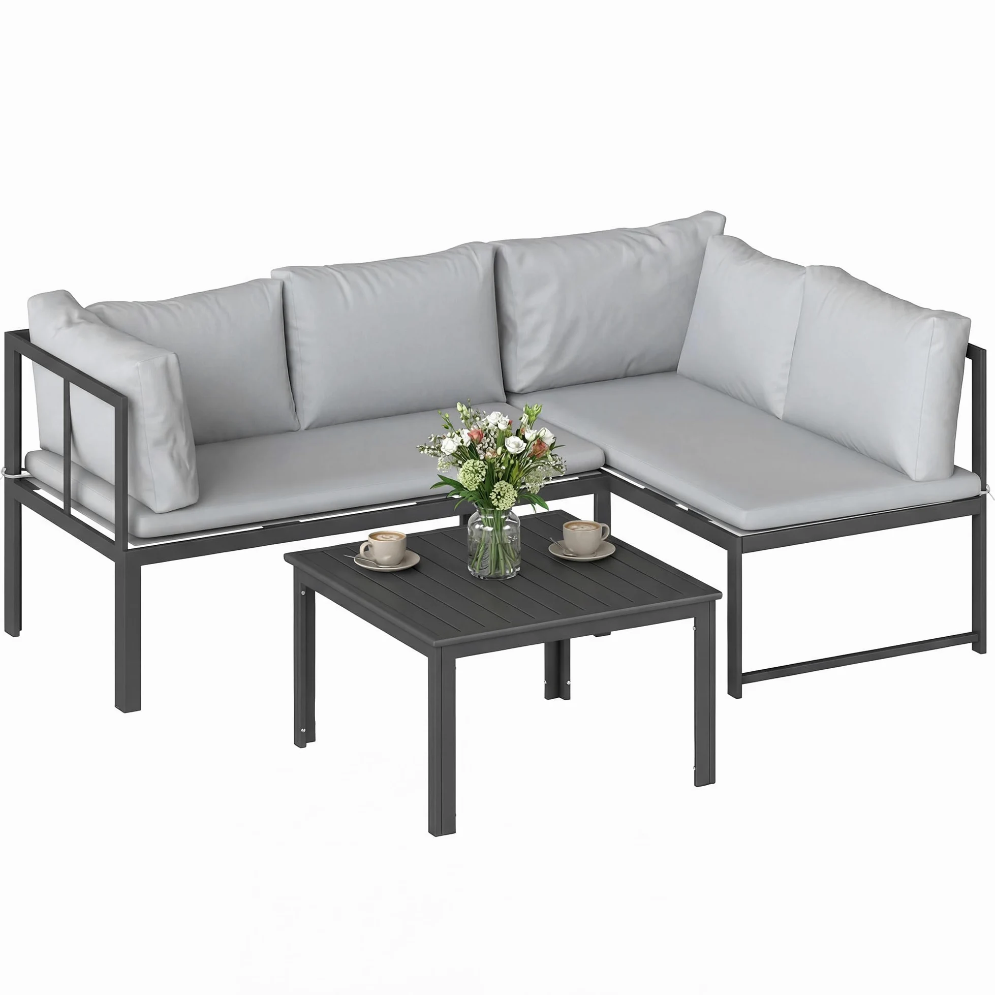 Outsunny Conjunto de Muebles Jardín Exterior de 3 Piezas, Sofá Exterior Seccional Resistente Forma de L con Cojines, 2 Sofás de 2 Plazas, Reposabrazos Ajustables y Mesa Centro de Listones, Gris