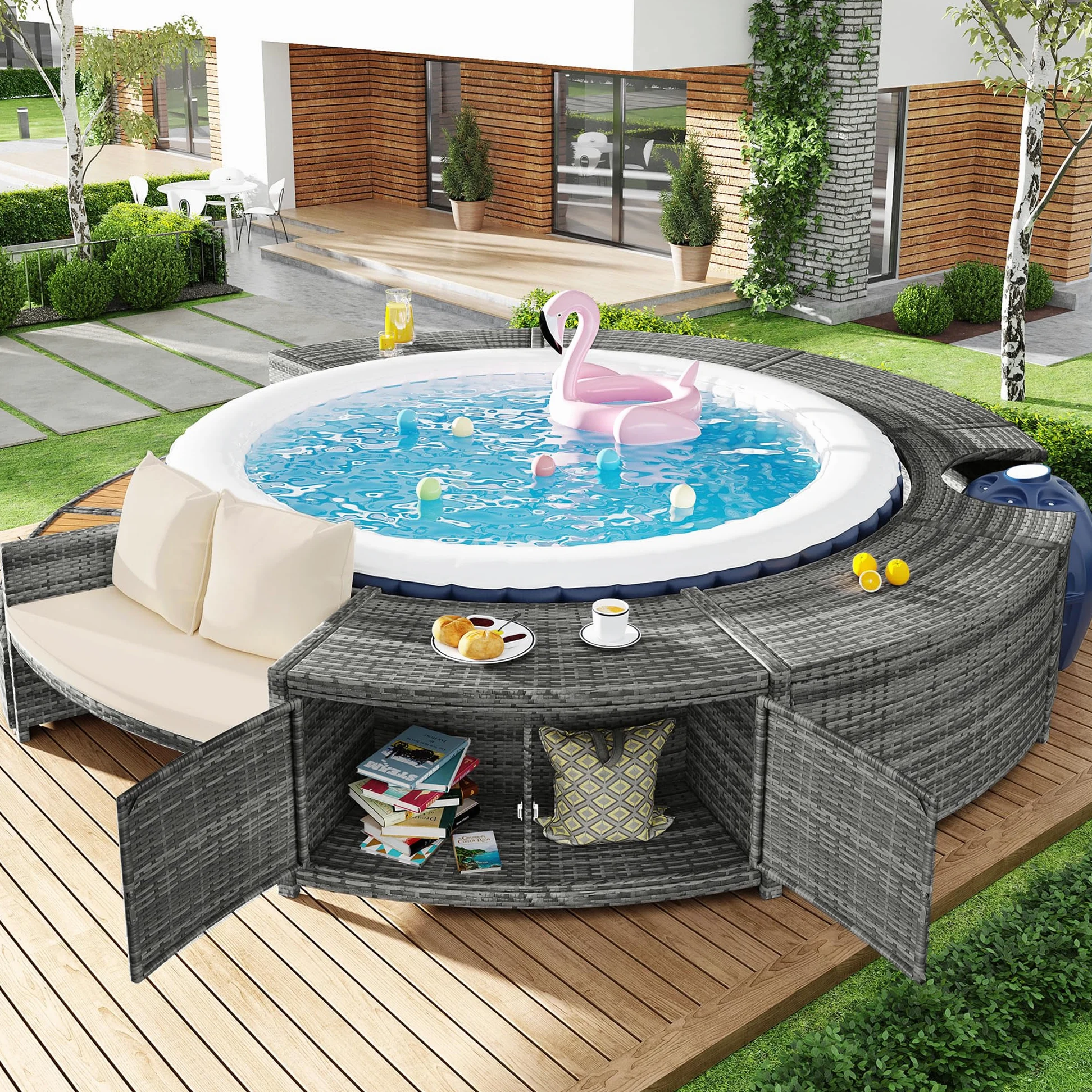 Set de salón de jardín Shye con sofá redondo, juego de muebles de jardín, set de salón, para jacuzzi y piscina, con patas ajustables, incluye cojines, muebles para terraza, jardín o área de piscina