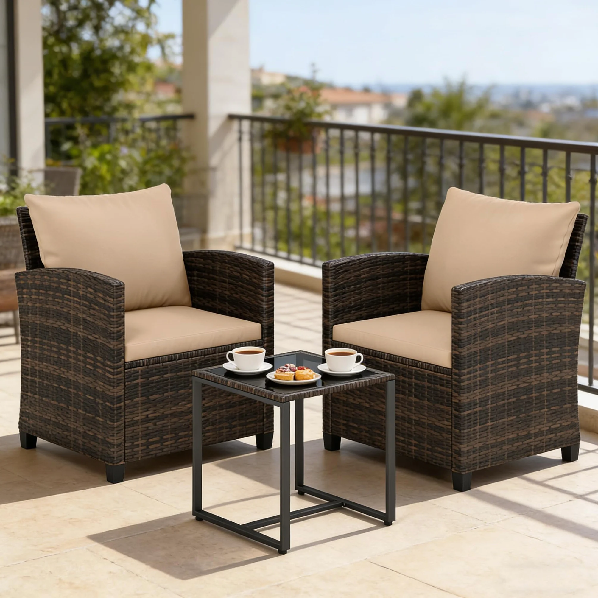 GIANTEX Juego de Muebles Jardín Exterior 3 Piezas, 2 Sillones con Cojines y 1 Mesa de Café de Vidrio, para 2 Personas, Conjunto de Conversación para Balcón, Terraza, Patio (Marrón+Café)