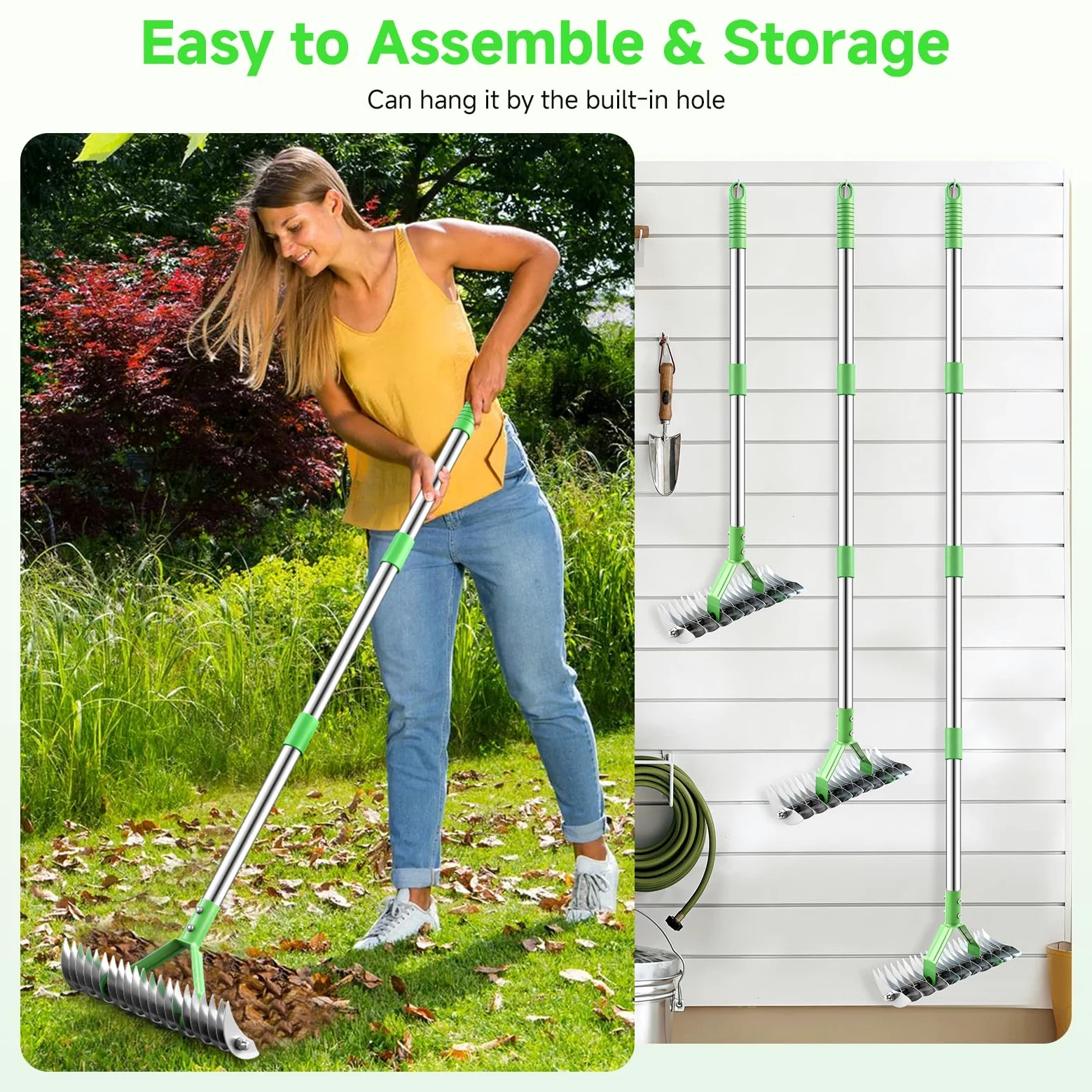 Rastrillo de paja para césped, rastrillos de jardín con mango ajustable de 160 cm con 21 dientes, rastrillo de jardín de 32 cm de ancho, resistente, rastrillos de césped para aflojar el suelo, césped