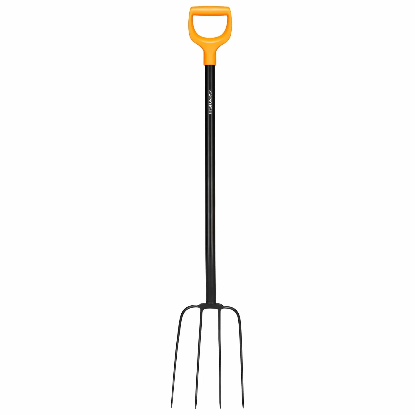 Fiskars Horca para compostar con 4 púas, Longitud: 126 cm, Púas de acero de calidad/Mango de plástico reforzado con fibra de vidrio, Negro/Naranja, Solid, 1070674