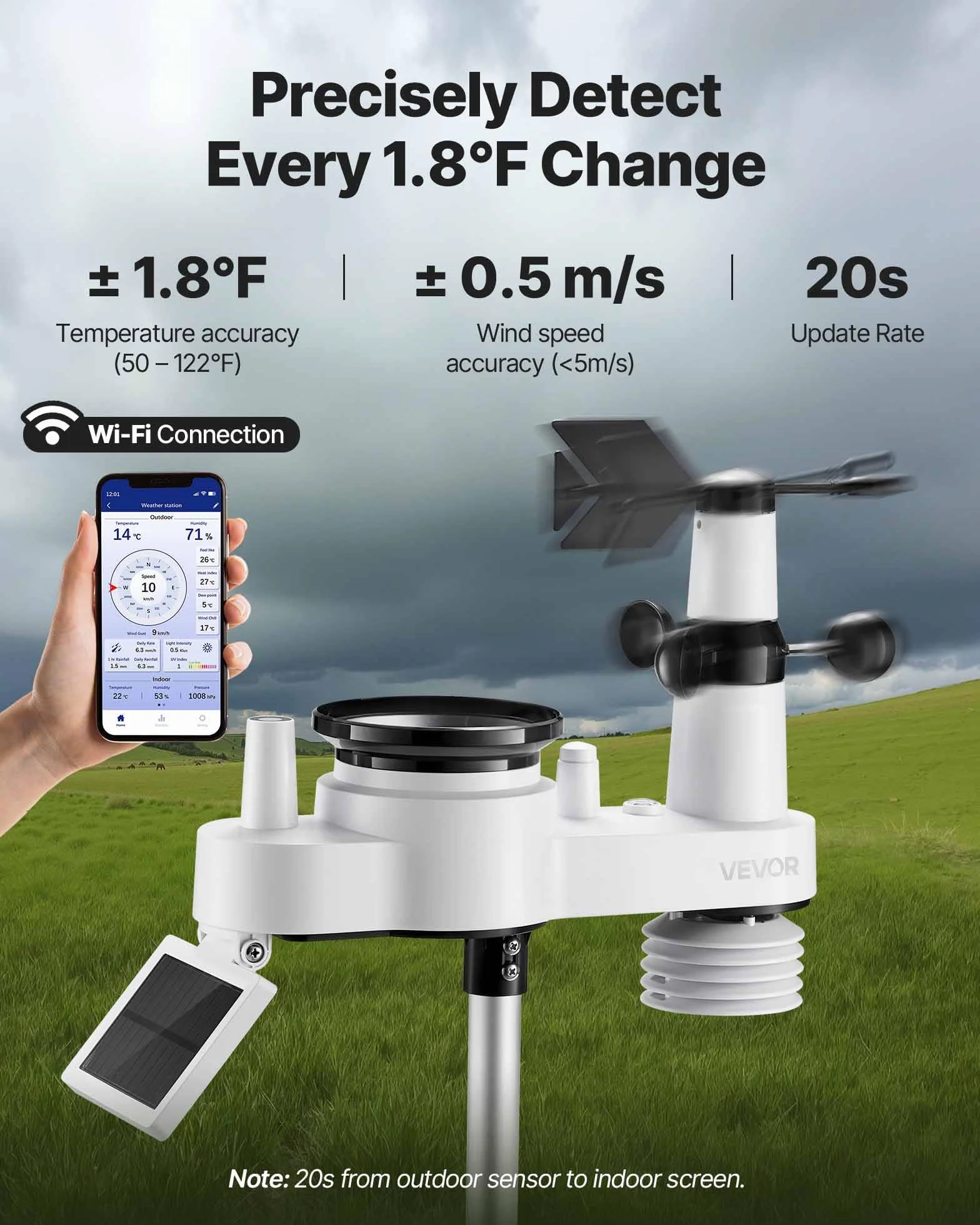 VEVOR Estación Meteorológica Wifi 7 en 1, con App, Pantalla VA de 190,5 mm, Sensor Solar Inalámbrico, Pluviómetro, Pronóstico del Tiempo, Velocidad del Viento, Temperatura, Humedad y Precipitación