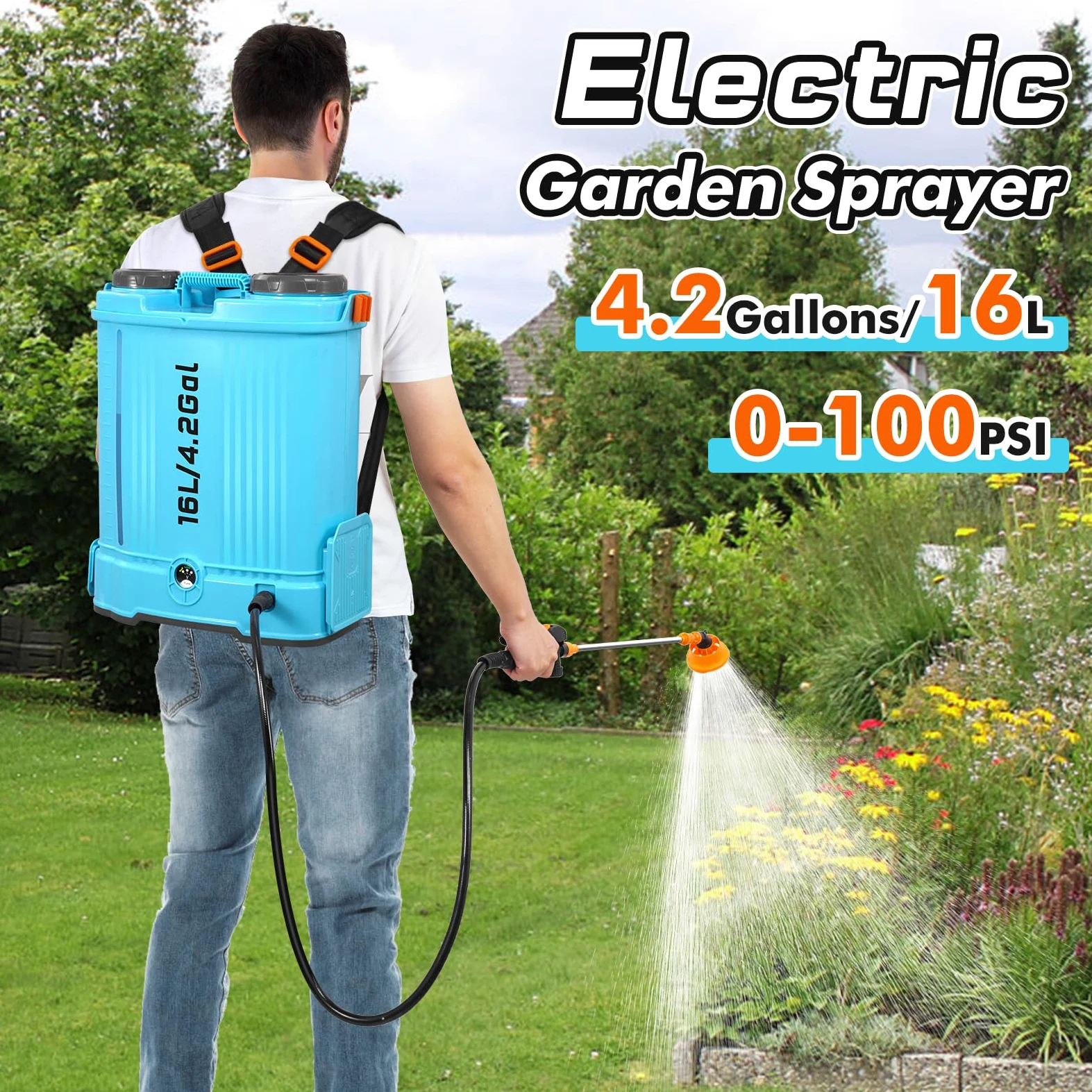 Pulverizador Electrico 16L, 0-100 PSI Pulverizador Mochila Bateria con 7 Boquillas & Caña Telescópica, 2000mAh Batterie, Sulfatadora Electrica a Bateria para Césped Jardín Techo Patio