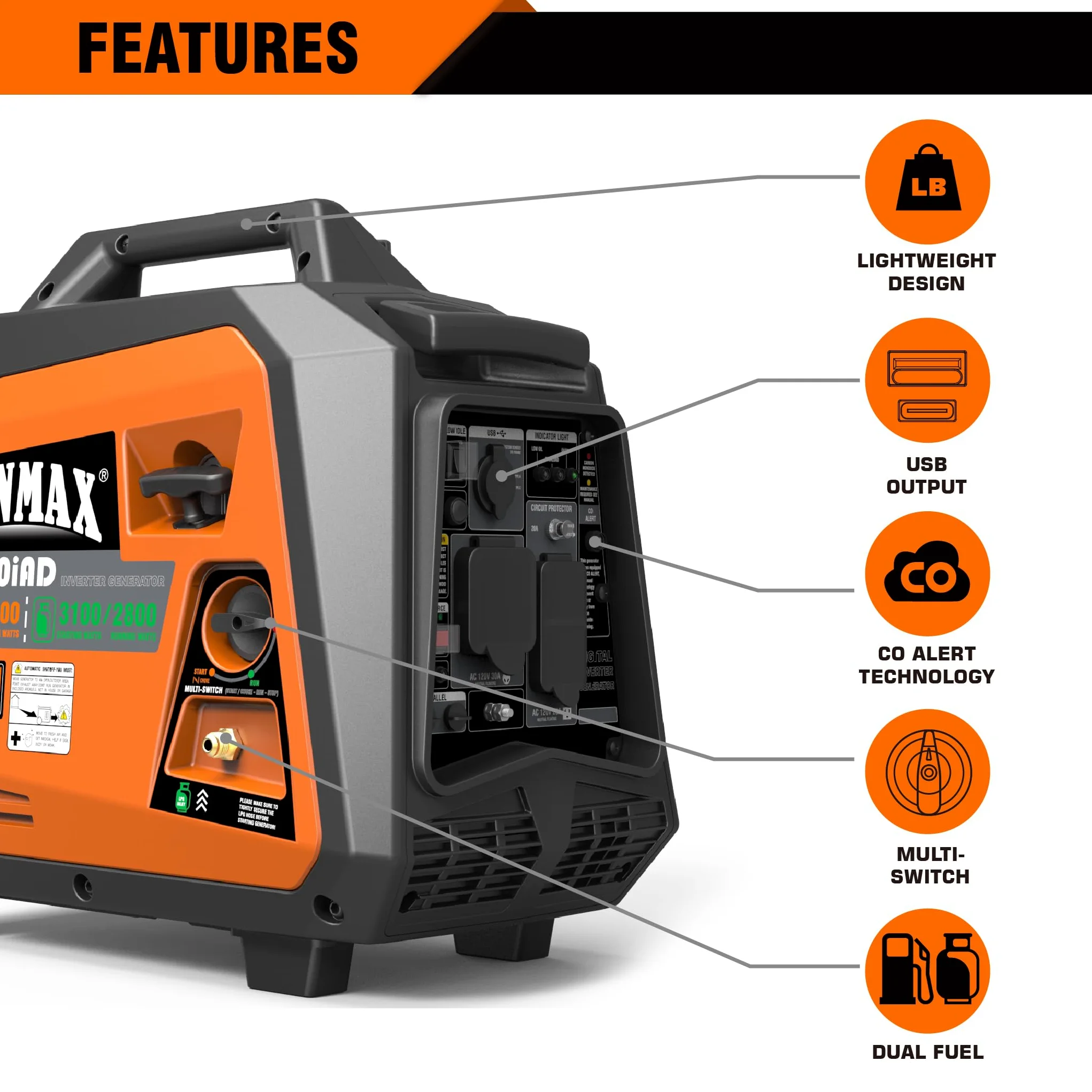 GENMAX Generador inversor portátil, motor de gas o propano súper silencioso de 3500 W con capacidad paralela, arranque manual, ideal para acampar, viajes al aire libre. Cumple con la EPA