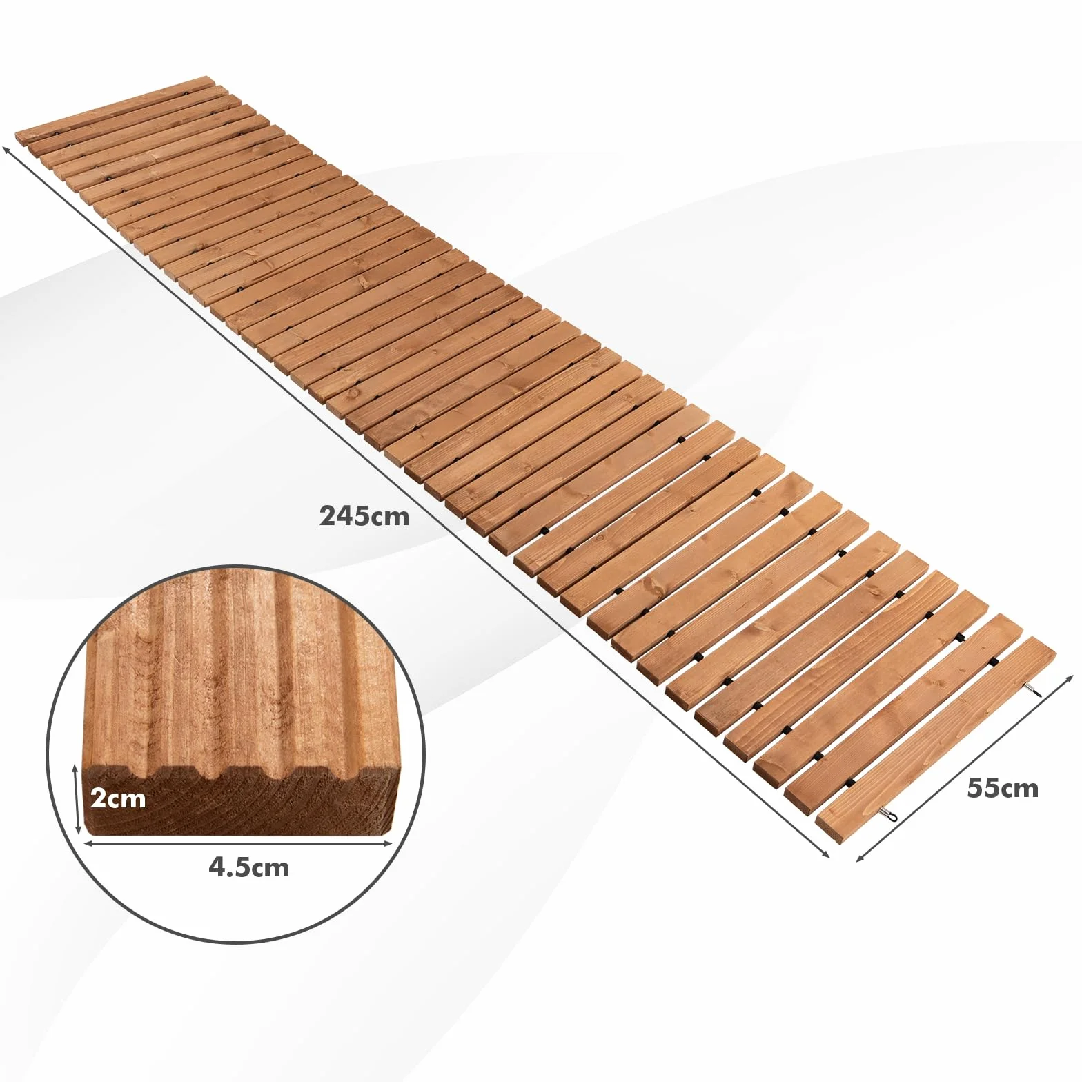 SOARS Camino de Madera Enrollable 245 cm - con Alambre, Textura Antideslizante y Resistente al Mal Tiempo - Ideal para Jardín, Patio y Playa (245 x 55cm)