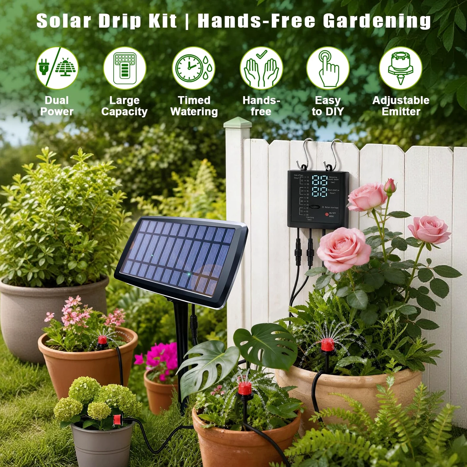 Sistema de riego por goteo automático solar, 12 ajustes de temporizador, sistema de riego de jardín, dispositivos de riego automático para plantas, camas elevadas, invernadero, viajes, impermeable