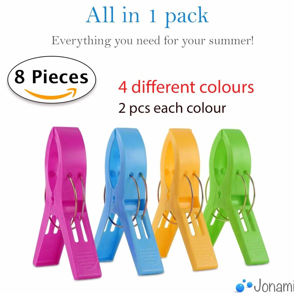 8 pinzas XXL de plástico para tumbonas, 4 colores, 8 piezas