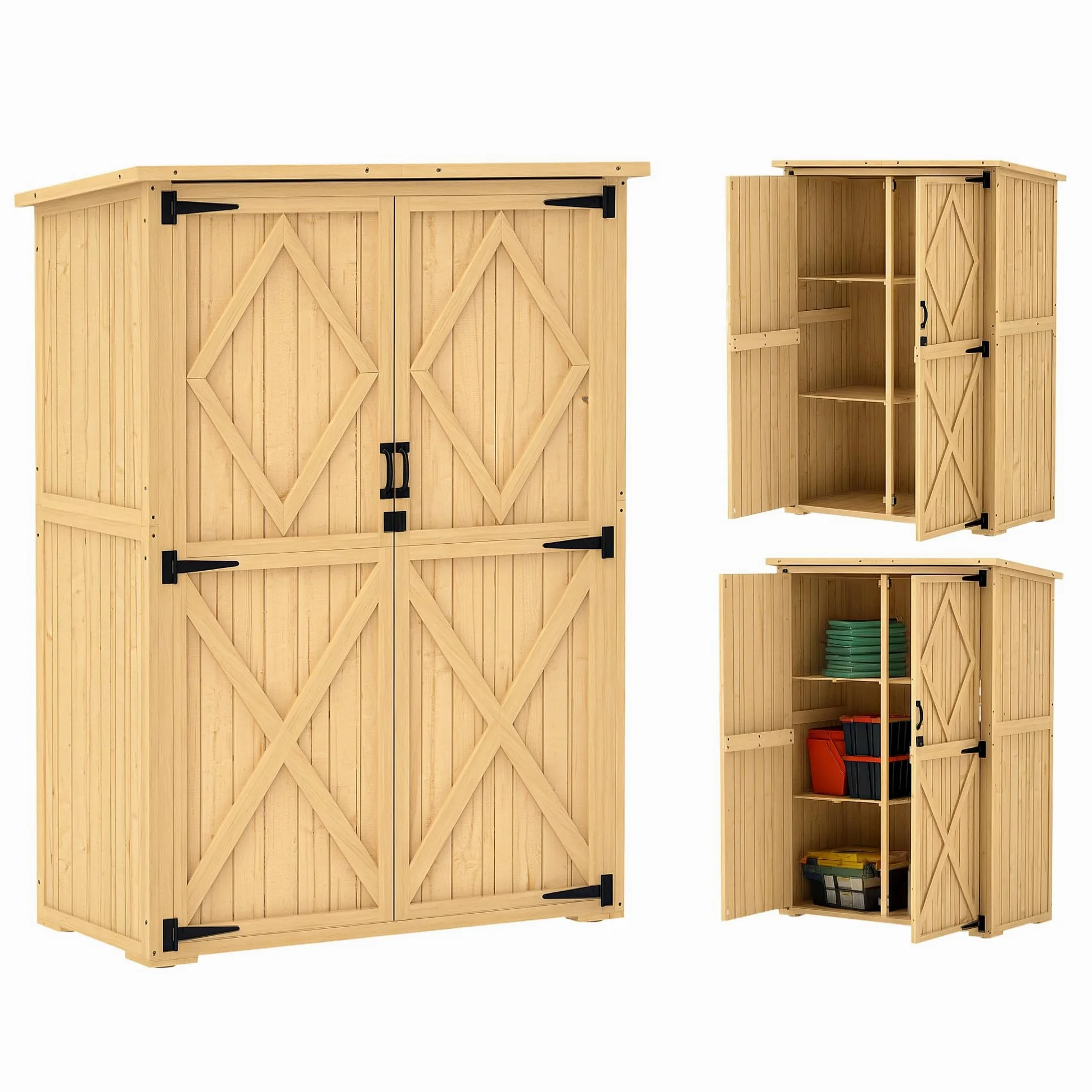 Outsunny Cobertizo jardín madera con armario y techo asfalto Natural | 2 estantes, para equipo de jardín, cobertizo de herramientas exterior, puertas dobles