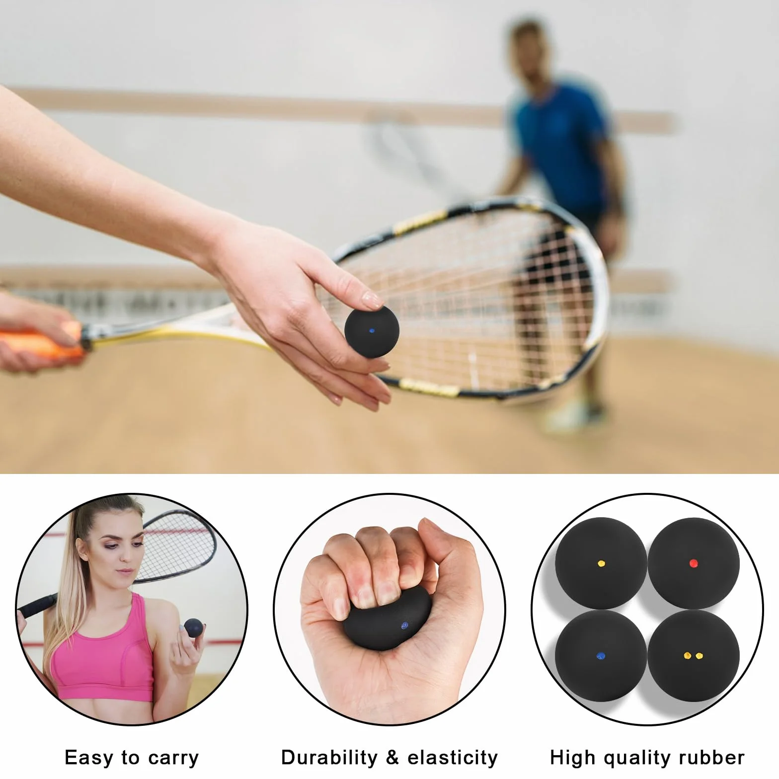 Pelotas de Squash Deportivas Juego de 4 - Doble Punto Amarillo, Simple Amarillo, Rojo, Azul
