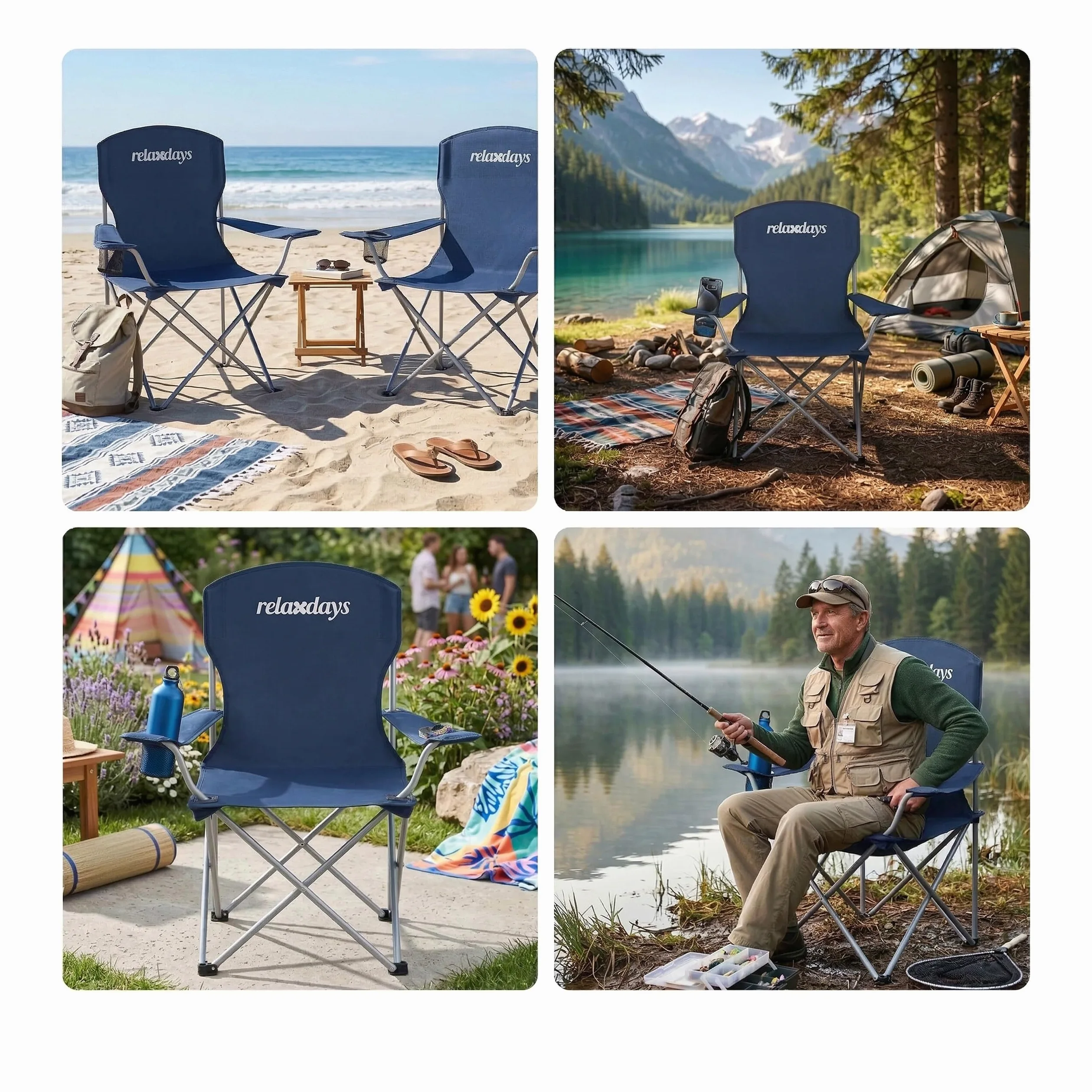 Sillas de Camping Relaxdays, Pack de 2, Plegables, Bolsa de Transporte, portavasos, 150 kg, poliéster, Metal, Azul