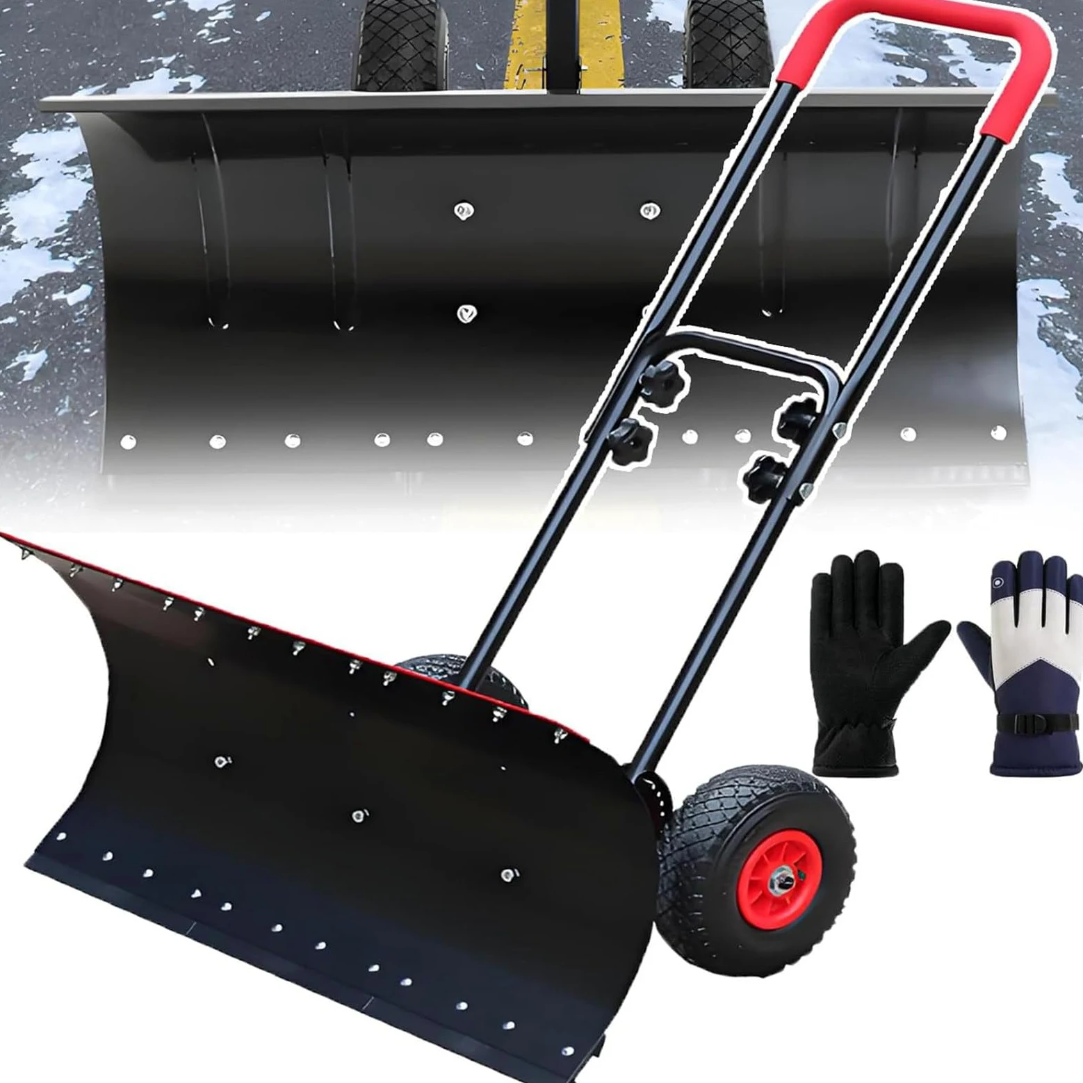 Empujador de nieve con dientes de pala de hielo, pala de nieve de gran capacidad con ruedas y asa, ángulo y altura ajustables para calzadas y pavimentos de jardín