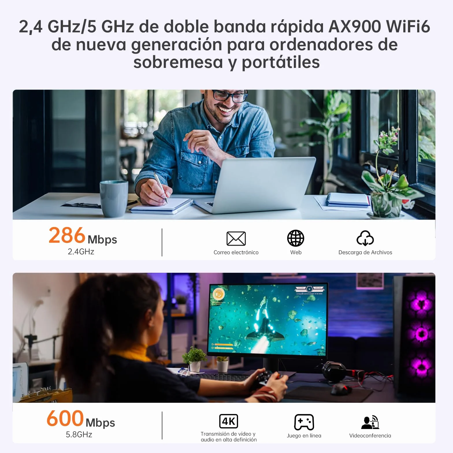 Adaptador WiFi 6 AX900 Bluetooth 5.4 USB Doble Banda 5 GHz/2,4 GHz para PC