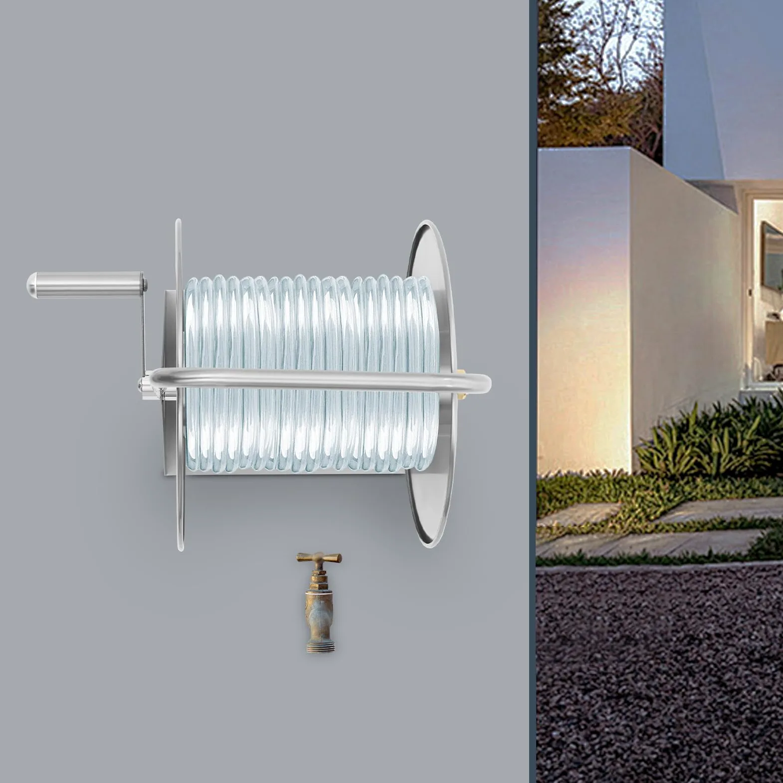 Carrete de manguera de jardín de 50 m de acero inoxidable, soporte para manguera de jardín, estante de almacenamiento con boquilla de latón para tubos de agua de 1,6 cm (manguera no incluida en
