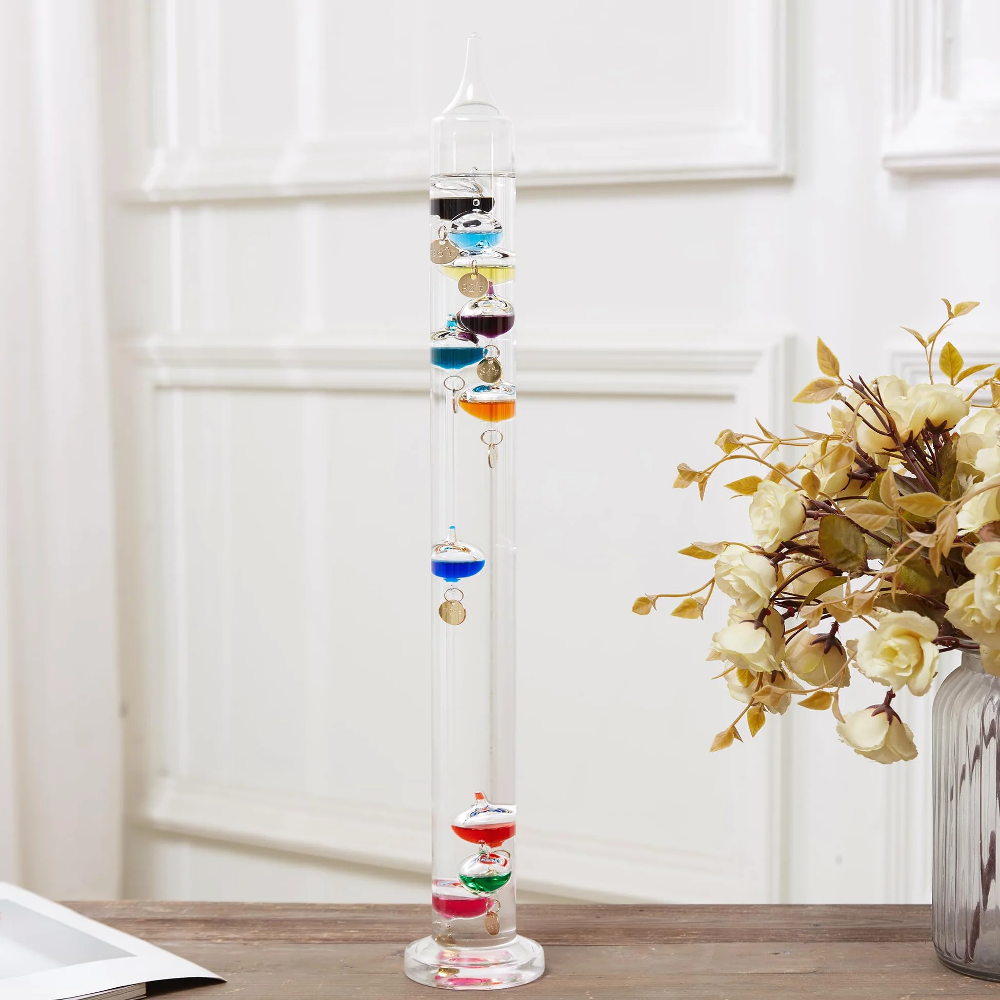 Termómetro Galileo de vidrio grande de 20.5 pulgadas con 10 bolas multicolor con etiquetas doradas de 60ºF a 96ºF, magnífico regalo para familiares, amigos, regalo para casa, oficina, decoración