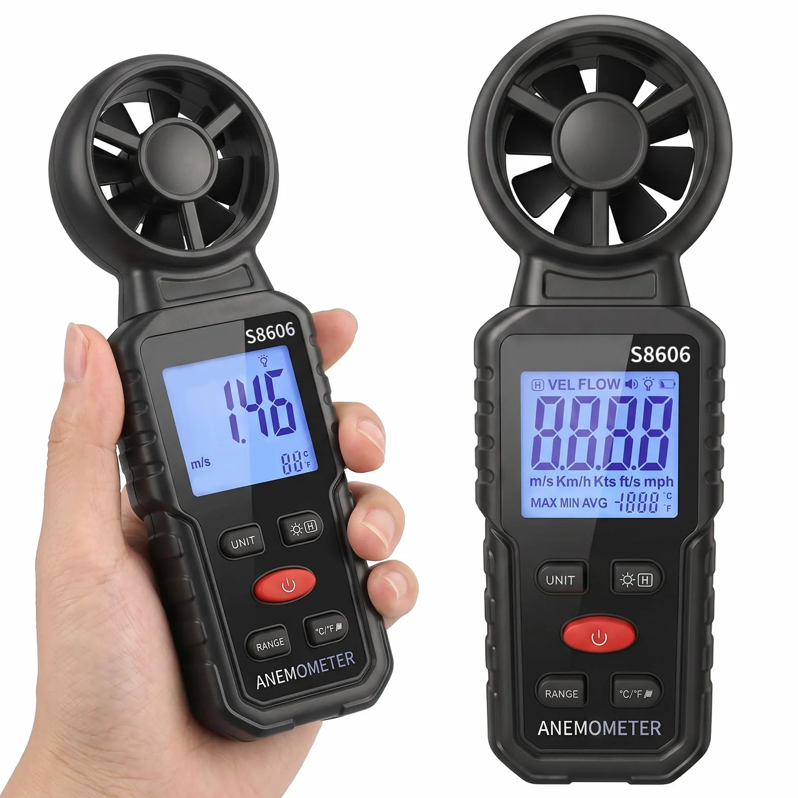 Anemómetro Digital Portátil 3 en 1 con Pantalla LCD Retroiluminada, Medidor de Velocidad del Viento, Temperatura y Flujo de Aire, Funciones MAX/MIN/AVG, para Navegación, Drones, Surf y Pesca