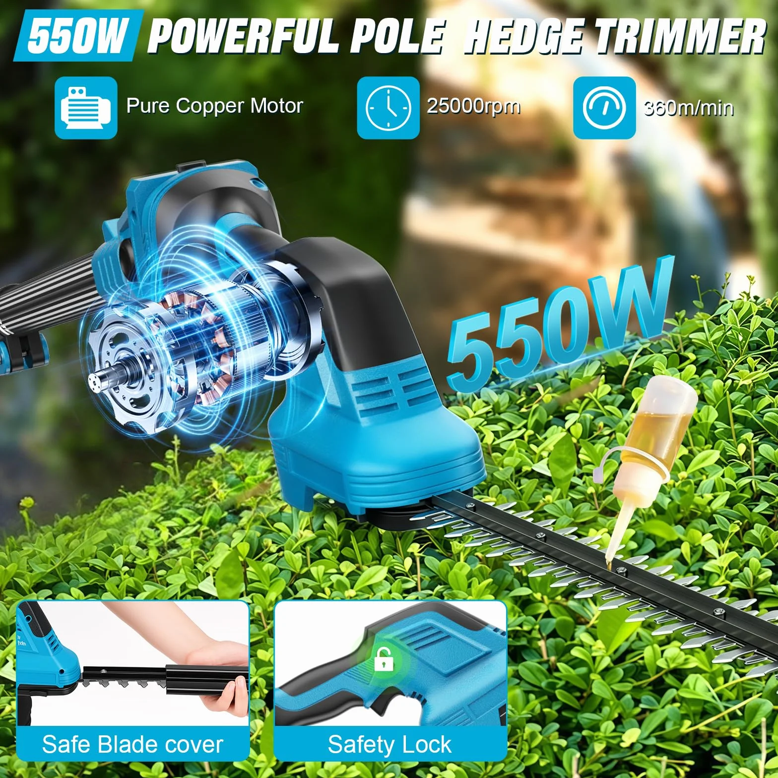Cortasetos Telescópico Batería 2 en 1, Podadora Electrica Herramientas de Jardín con 2*4000 mAh Baterías Motor 550 W, Cortasetos 2,65M con Bandolera, Gafas, Guantes para Podar Arboles Patio de Jardín