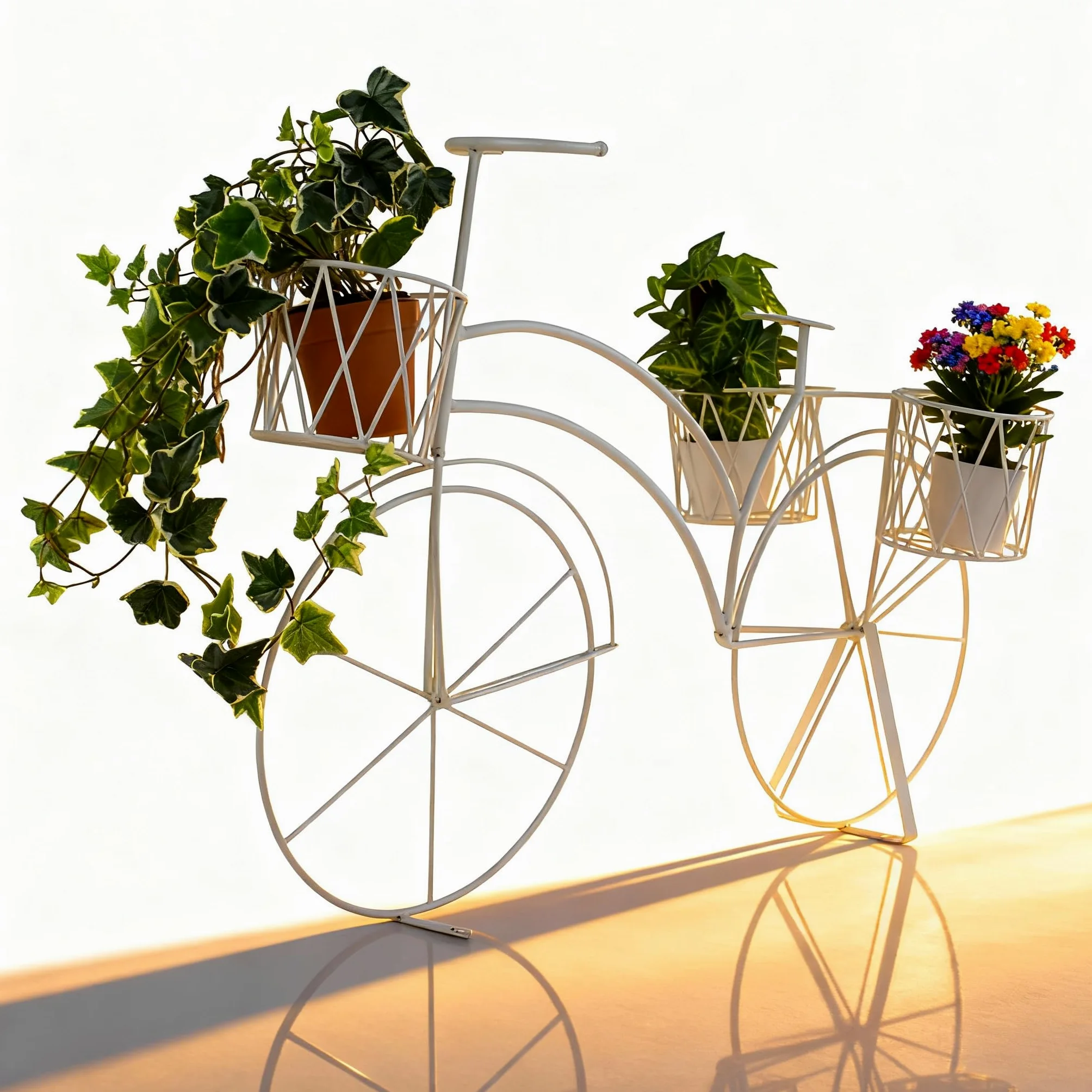 Maceteros Decorativos Interior, Macetas Decorativas Interior, Soporte Plantas Interior, Estanteria Plantas, Decoracion Hogar Vintage, Soporte Para Macetas Hierro - Bicicleta Blanca 3 Cestas 75x40x53cm