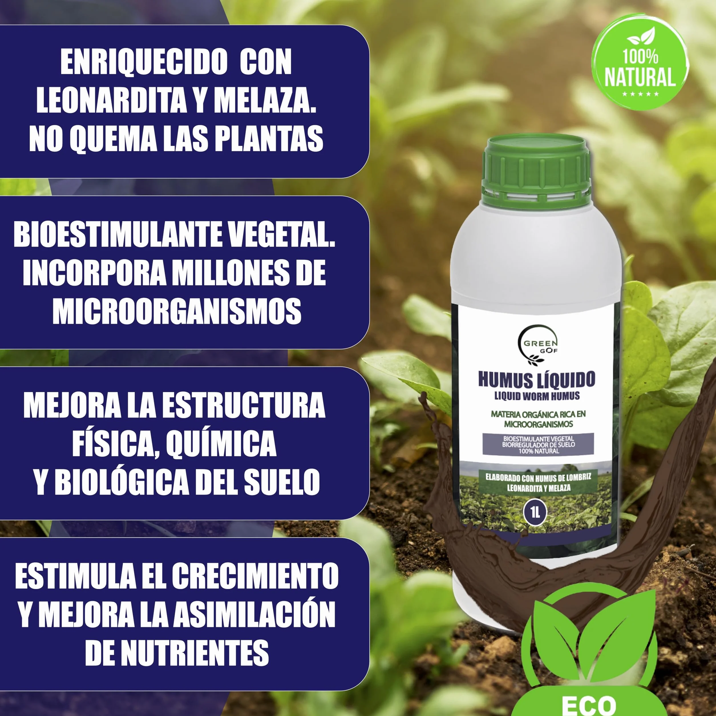 GREENGOF Humus Líquido de Lombriz Premium 1L. Enriquecido con Leonardita y Melaza. Fertilizante Rico en Microorganismos. Acelera el crecimiento de las Plantas. Aumenta el tamaño y cantidad de Frutos.