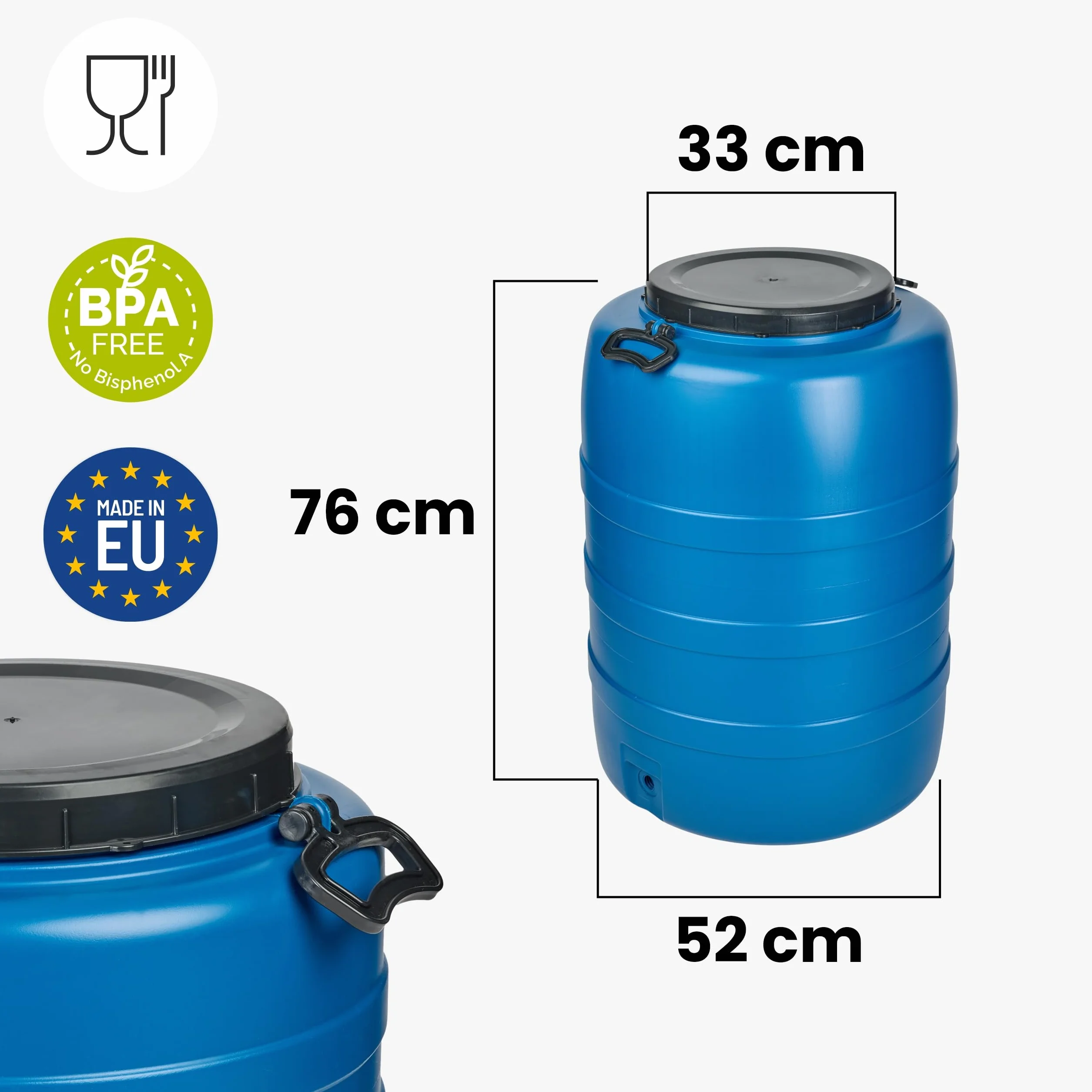 Garronda 120 L con Grifo Bidon Agua Barril de Plástico HDPE con Grifo como Contenedor y Deposito Agua y Alimentos para Almacenamiento, Fermentación y Recogida de Lluvia GD-0186 Azul