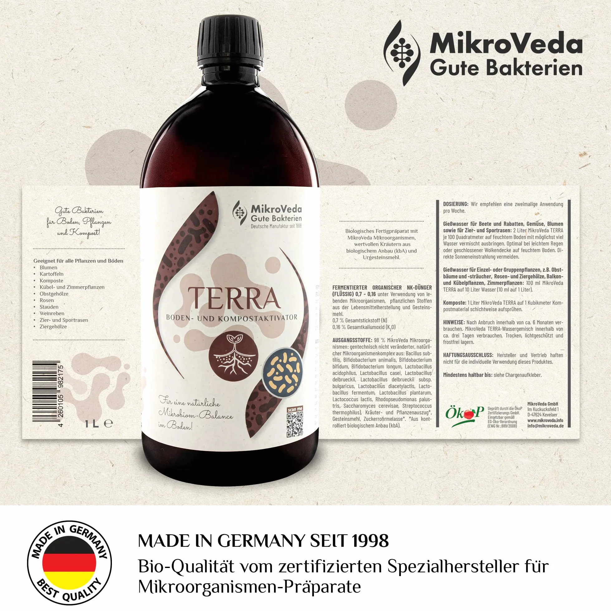 MikroVeda Terra - Activador de Suelo Biológico Con Bacterias y Microorganismos Efectivos - Suplemento Para Compost, Jardín - Abono Orgánico Vegano 100% Natural (1 L)