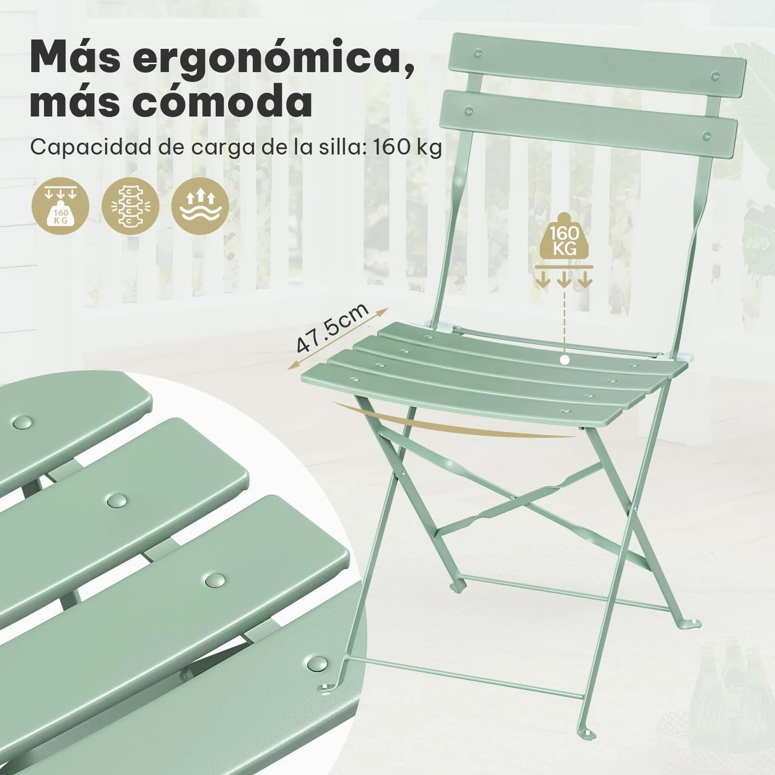 eSituro Conjunto Muebles Jardín, Mesa y 2 Sillas Plegables de Terraza, Muebles para Bistró, Balcón, Patio y Exterior, Metal Resistente, Verde