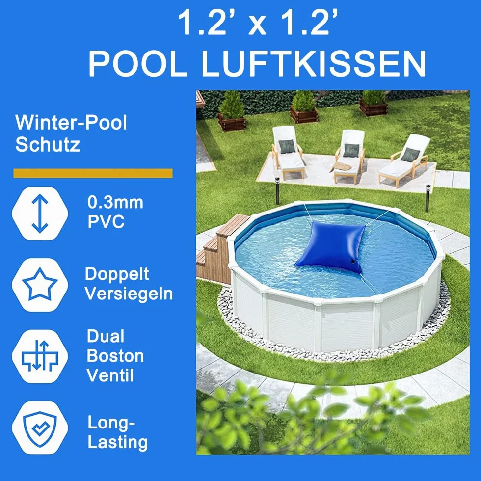 Cojín de aire para piscina de invierno de 120 x 120 cm, 2 unidades, cojín de aire para piscina con 4 ojales y cuerda resistente al cloro de 150 cm, 0,3 mm de espesor, cojín de aire para