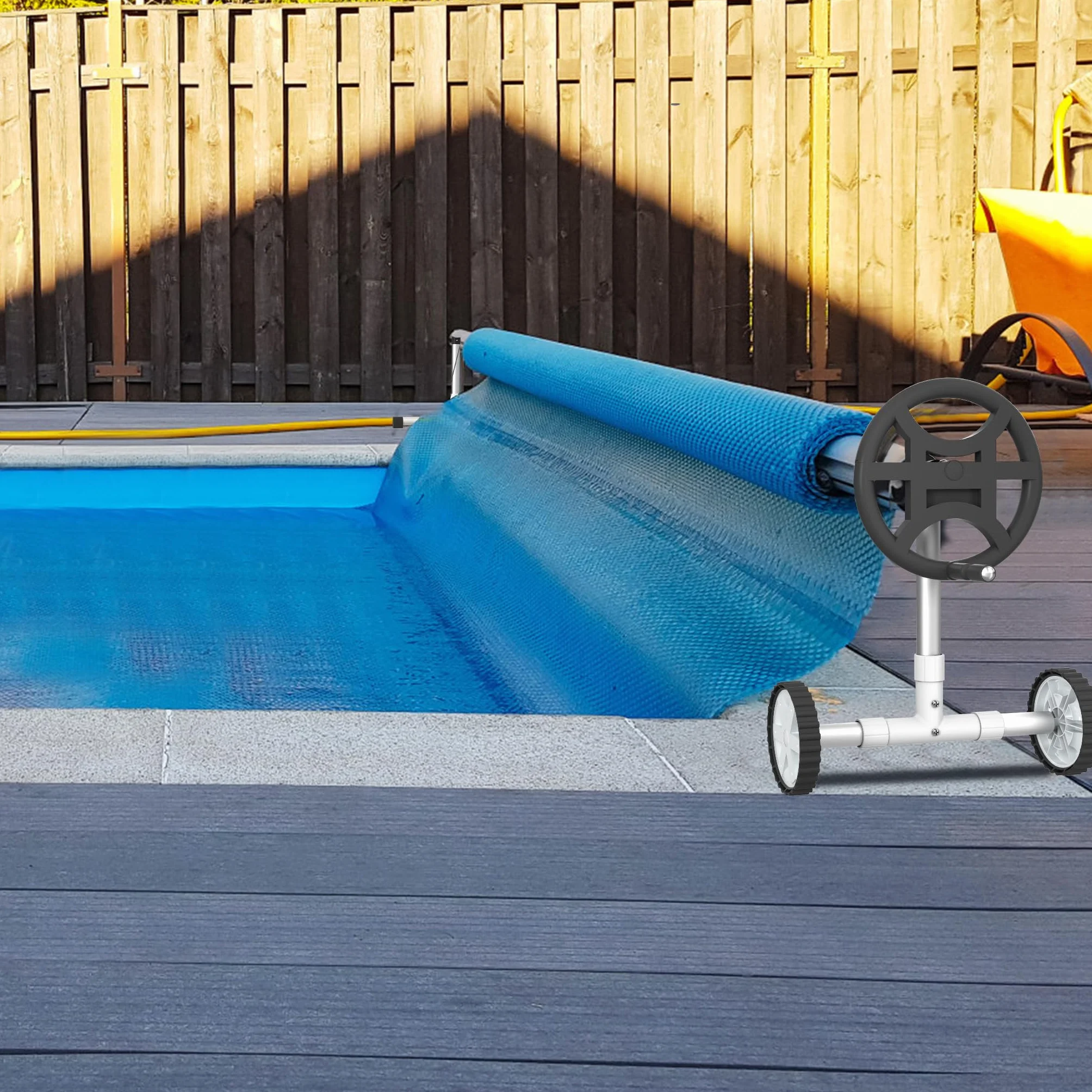 XMTECH Sistema de enrollado para piscina, enrollador de piscina, tubo telescópico de aluminio, sistema de enrollado para lona de piscina, cubierta solar, resistente a la intemperie (con ruedas-2)