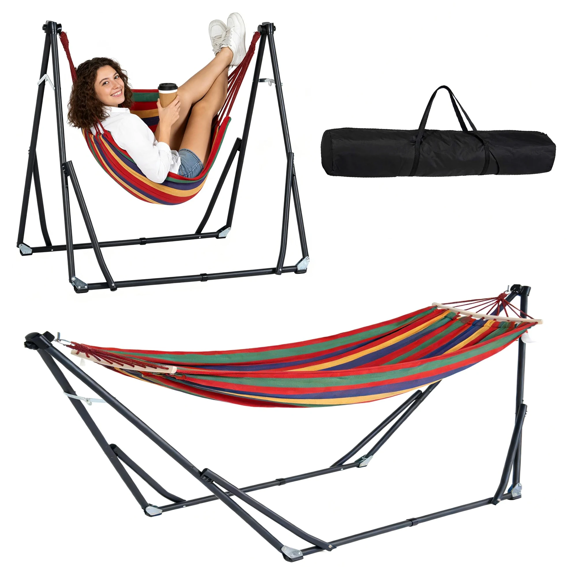 Hamaca 2 en 1 con estructura, convertible en silla colgante, juego de hamaca portátil para exteriores, soporta hasta 200 kg, ajustable con bolsas de transporte para jardín, camping y terraza