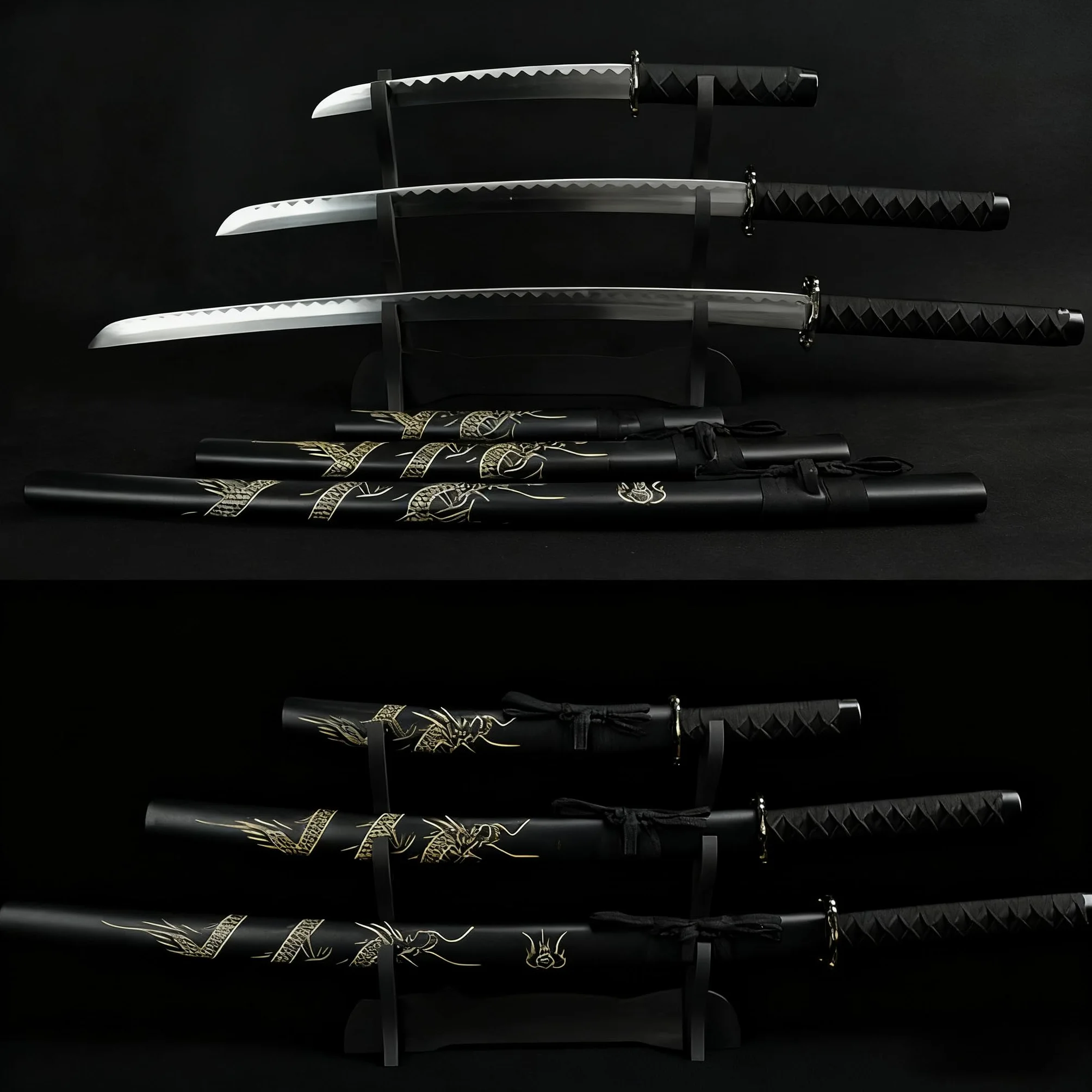 Set de katanas samurái Dragón Negro, juego de 3 espadas acero 1095 52/75/100 cm, entrenamiento y colección